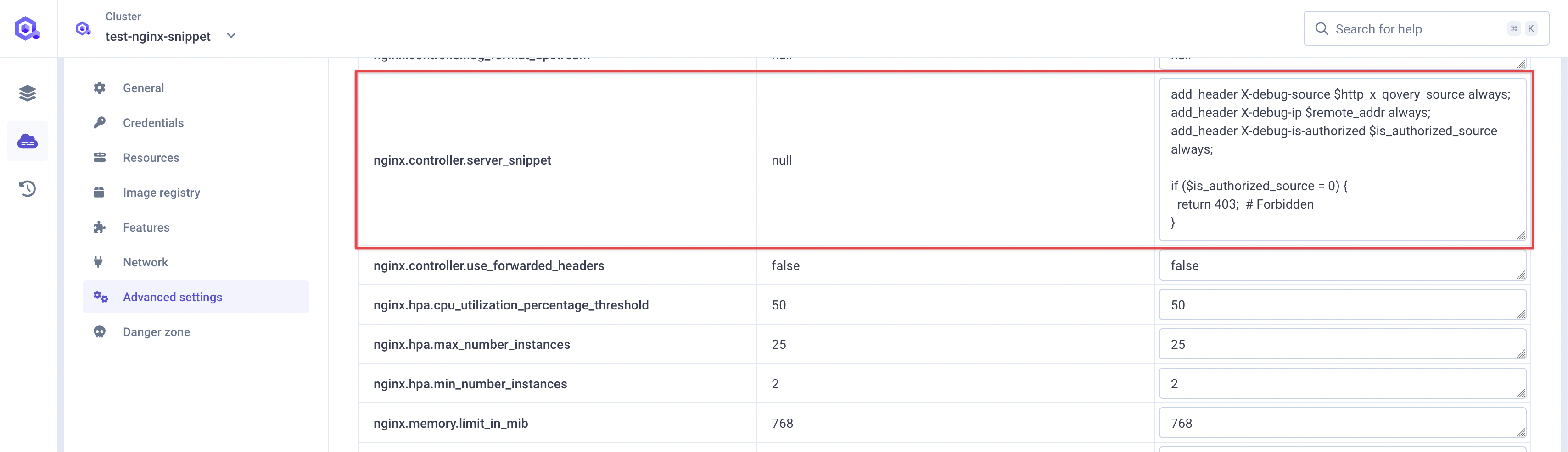Server snippet with authorization logic