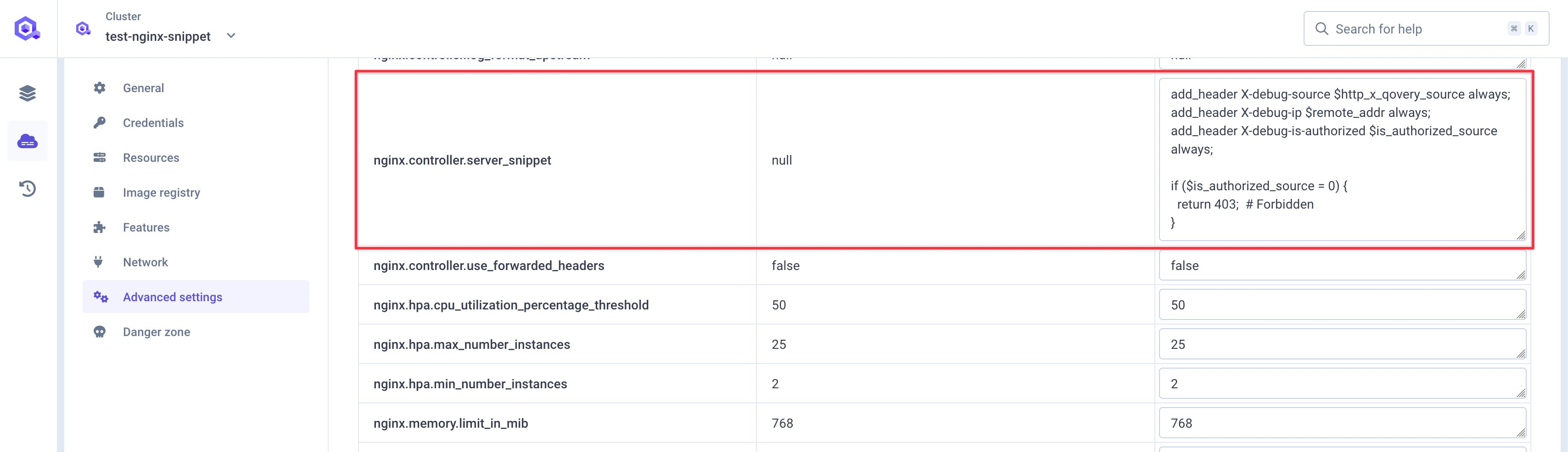 Server snippet with authorization logic