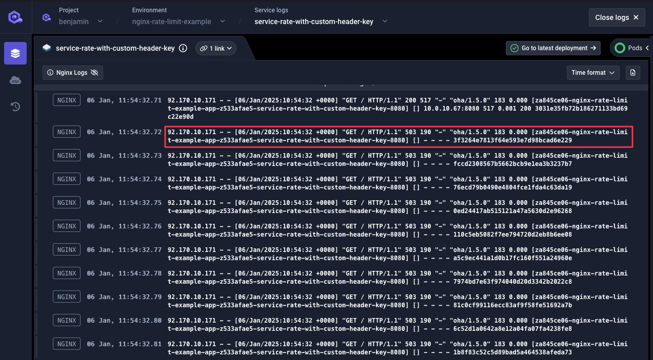 Service logs with custom header