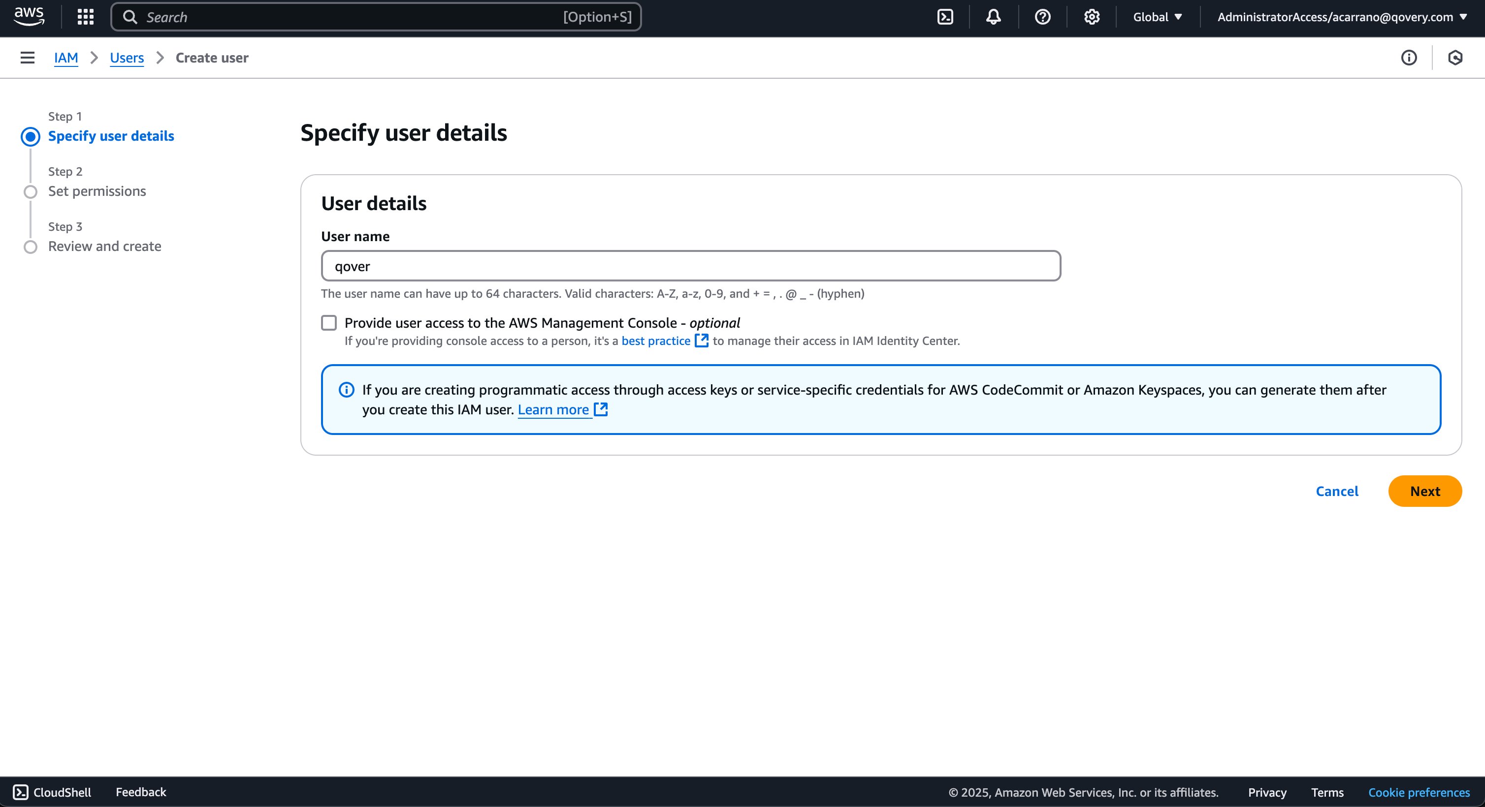 Create user - step 1
