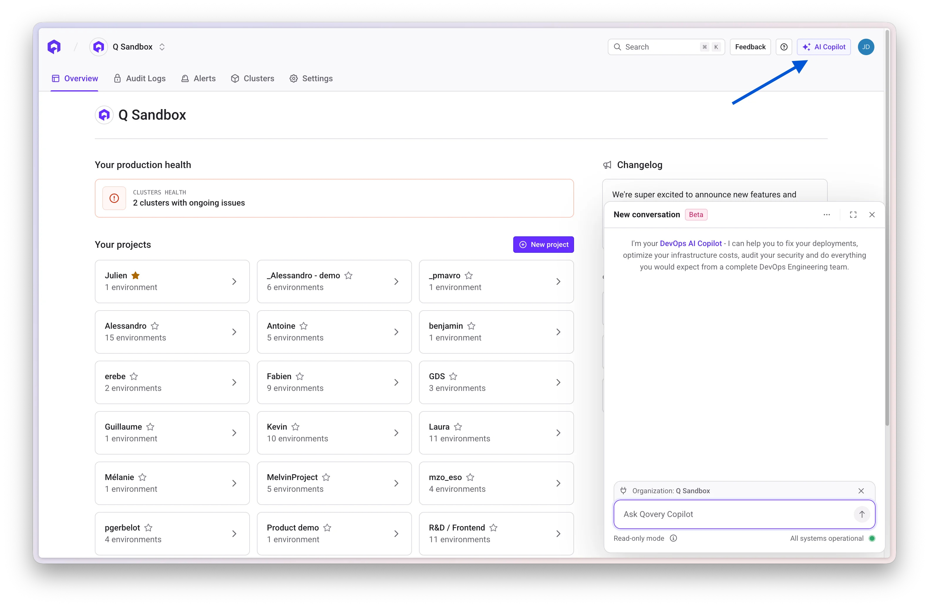 AI Copilot button in Qovery Console