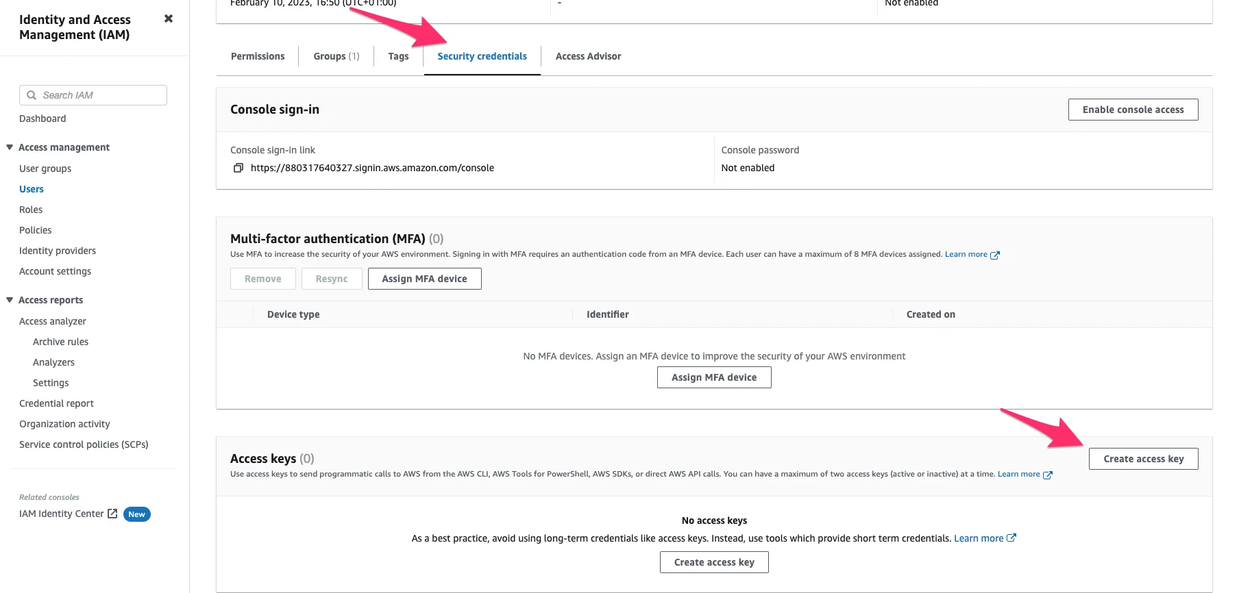 Create access key - step 1