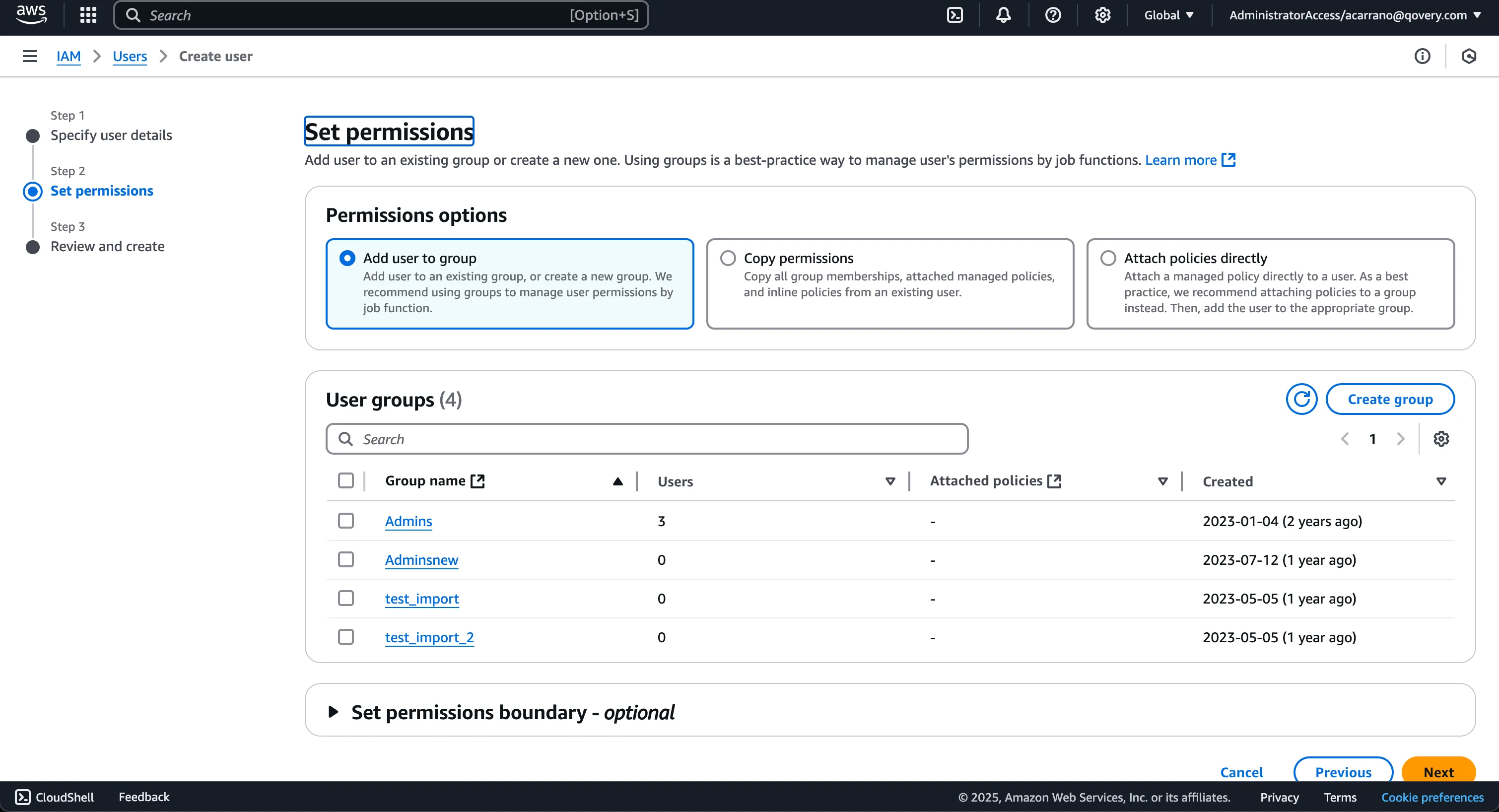 Create user - step 2