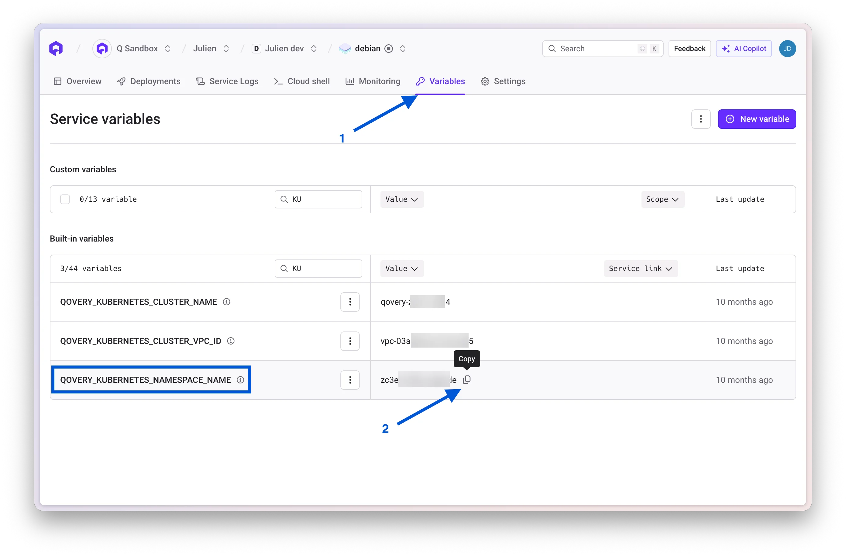 Get Kubernetes namespace from container variables