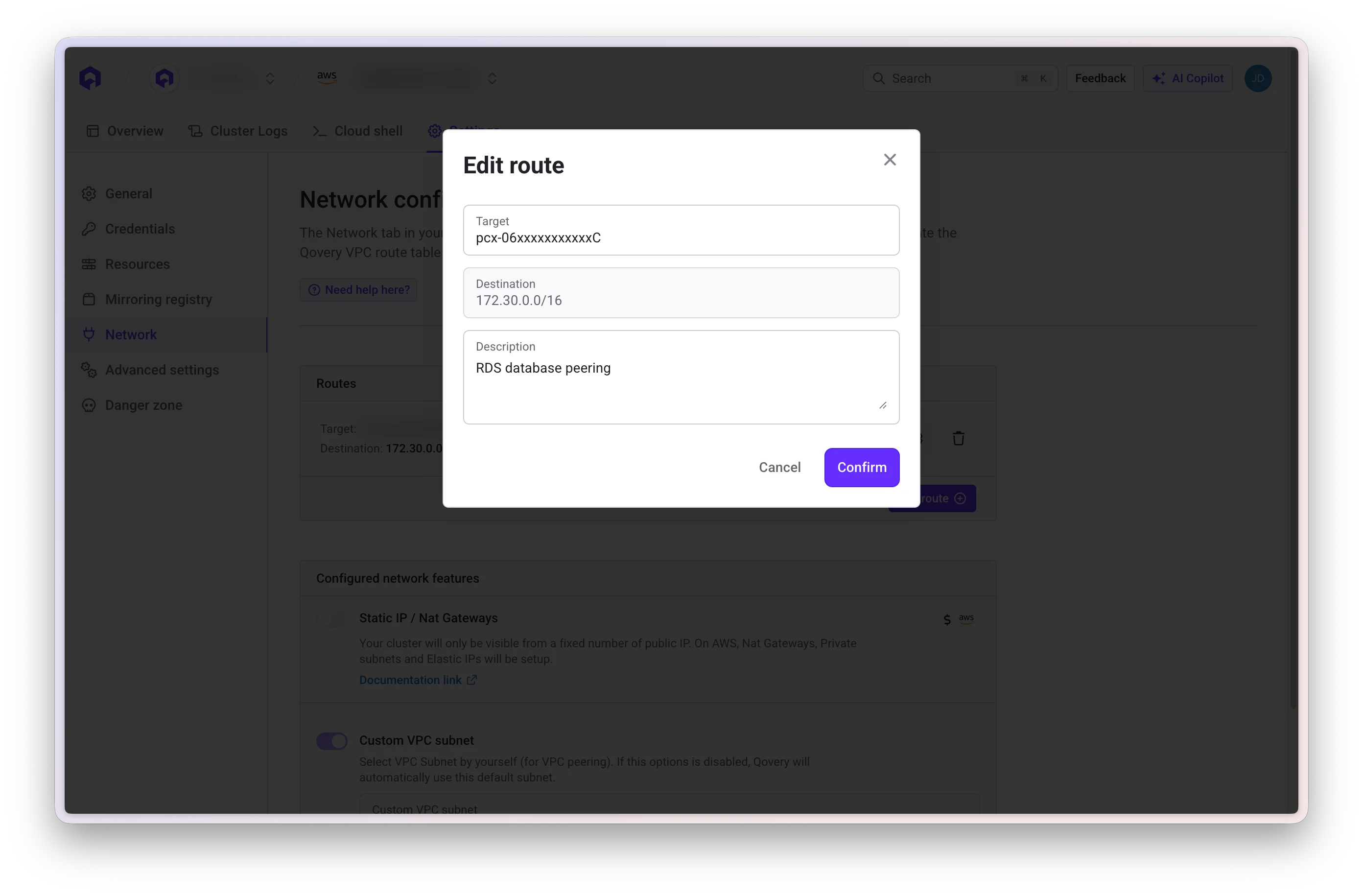 AWS VPC Qovery Route Table add route