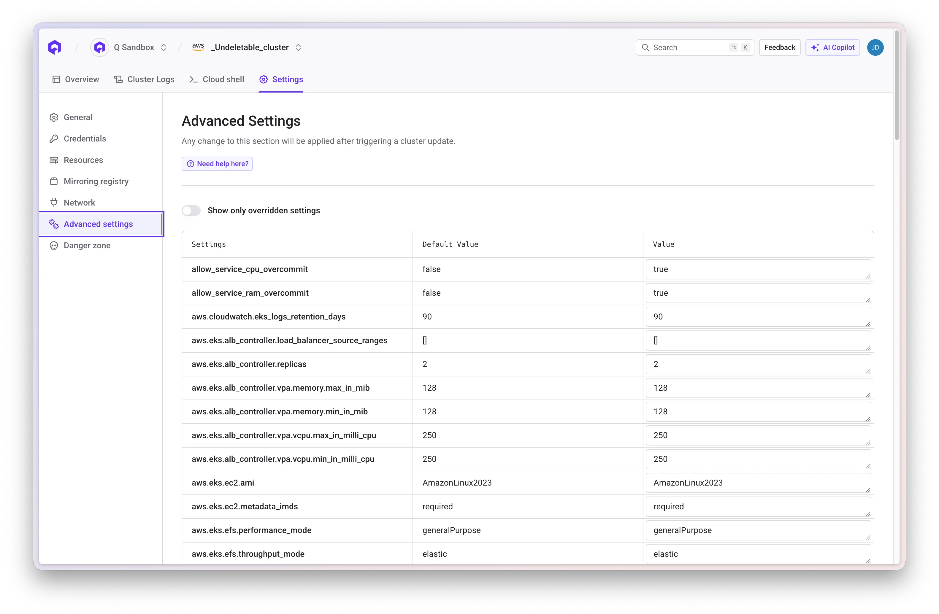 Cluster Advanced Settings in Console