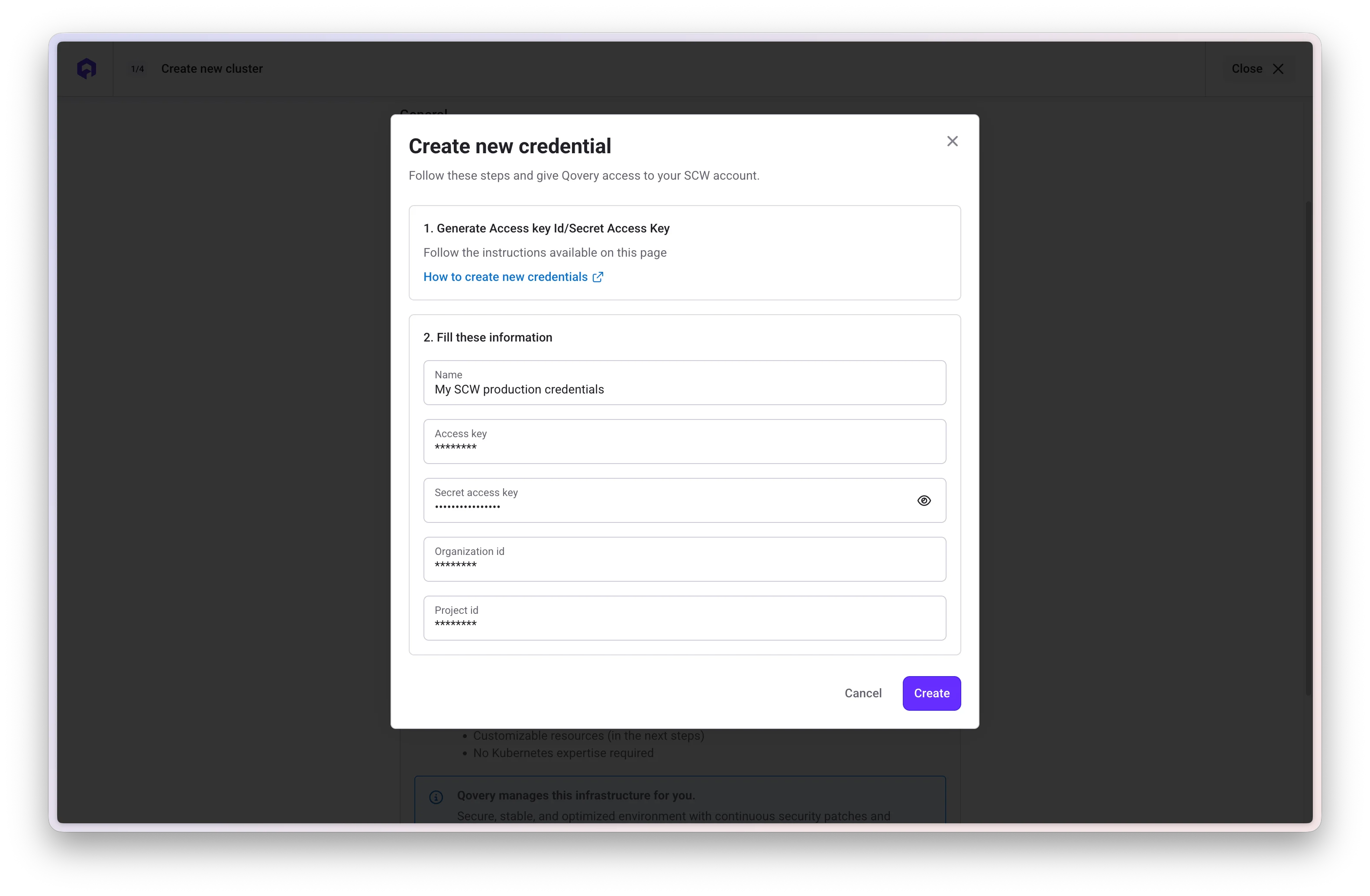 Enter Scaleway credentials in Qovery Console