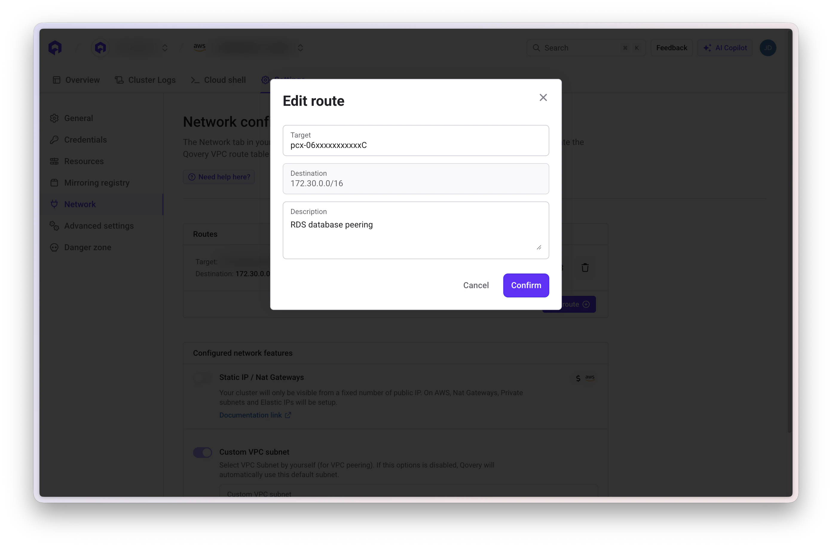 AWS VPC Qovery Route Table add route