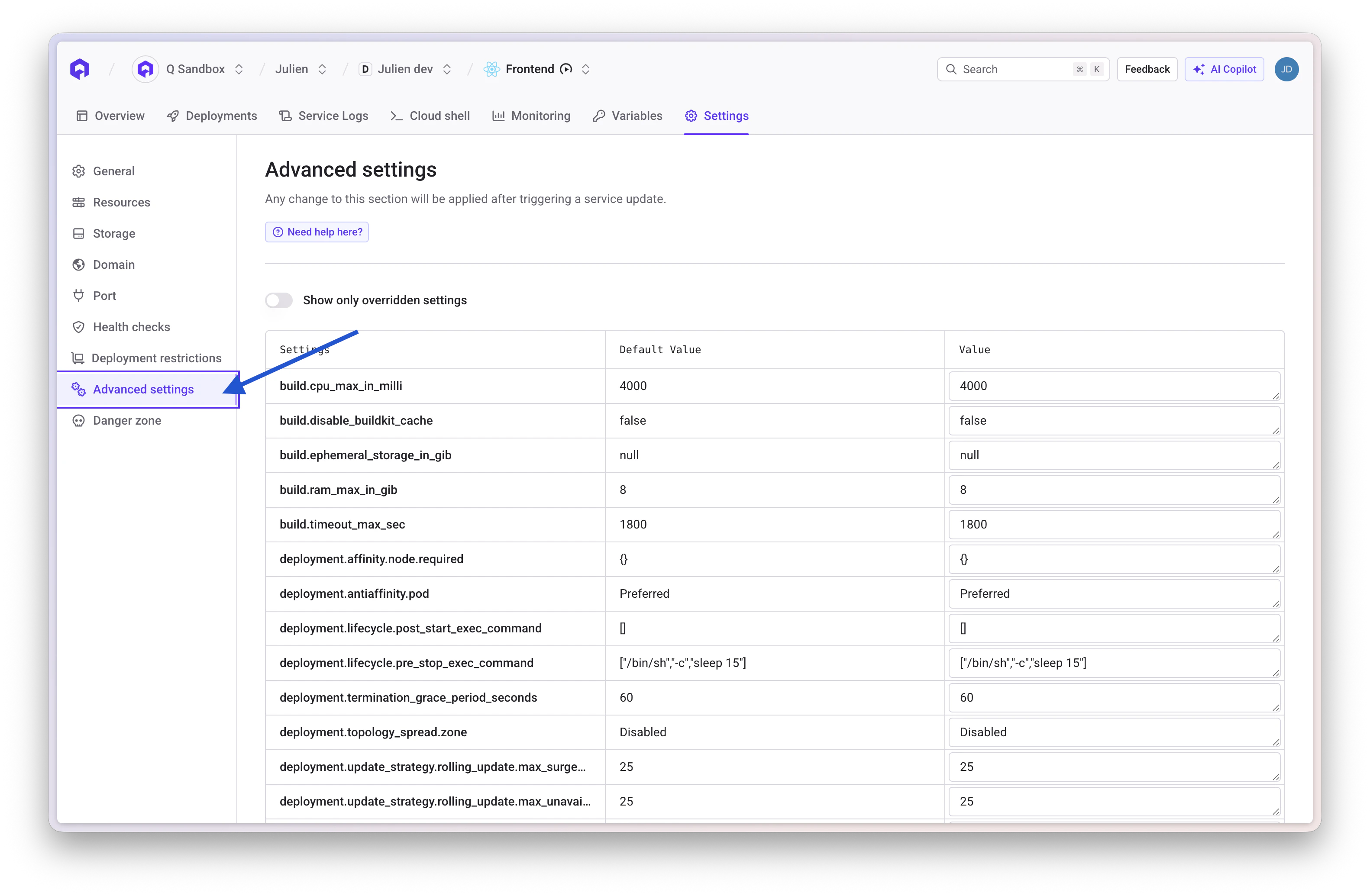 Advanced Settings Interface