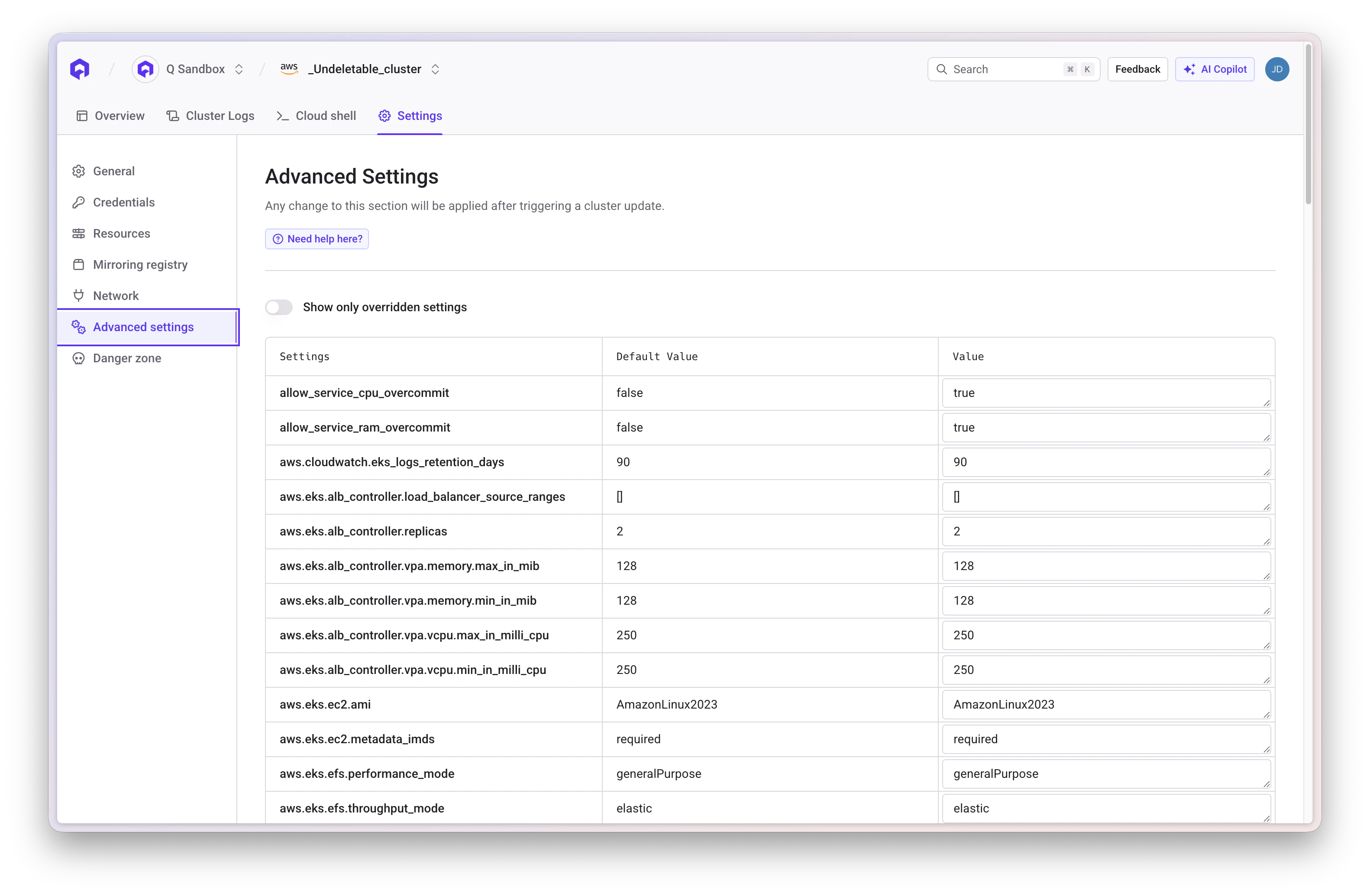 Cluster Advanced Settings in Console