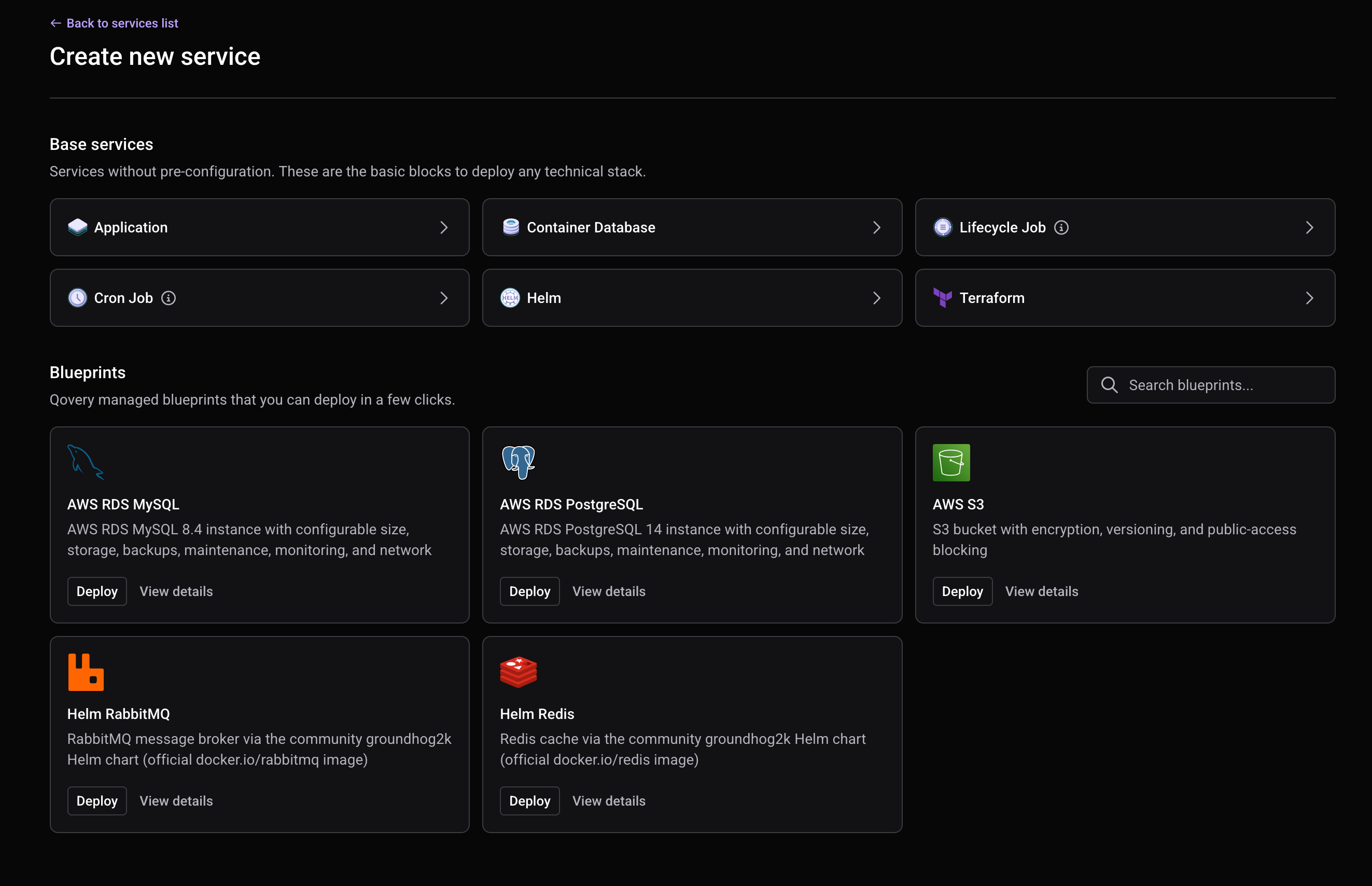 Blueprint catalog in the Qovery Console