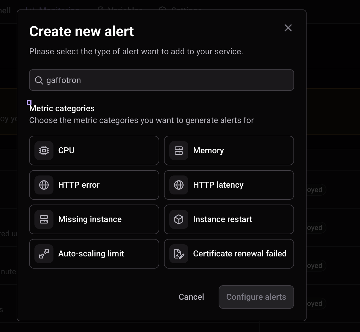 Alert category selection, including Certificate renewal failed