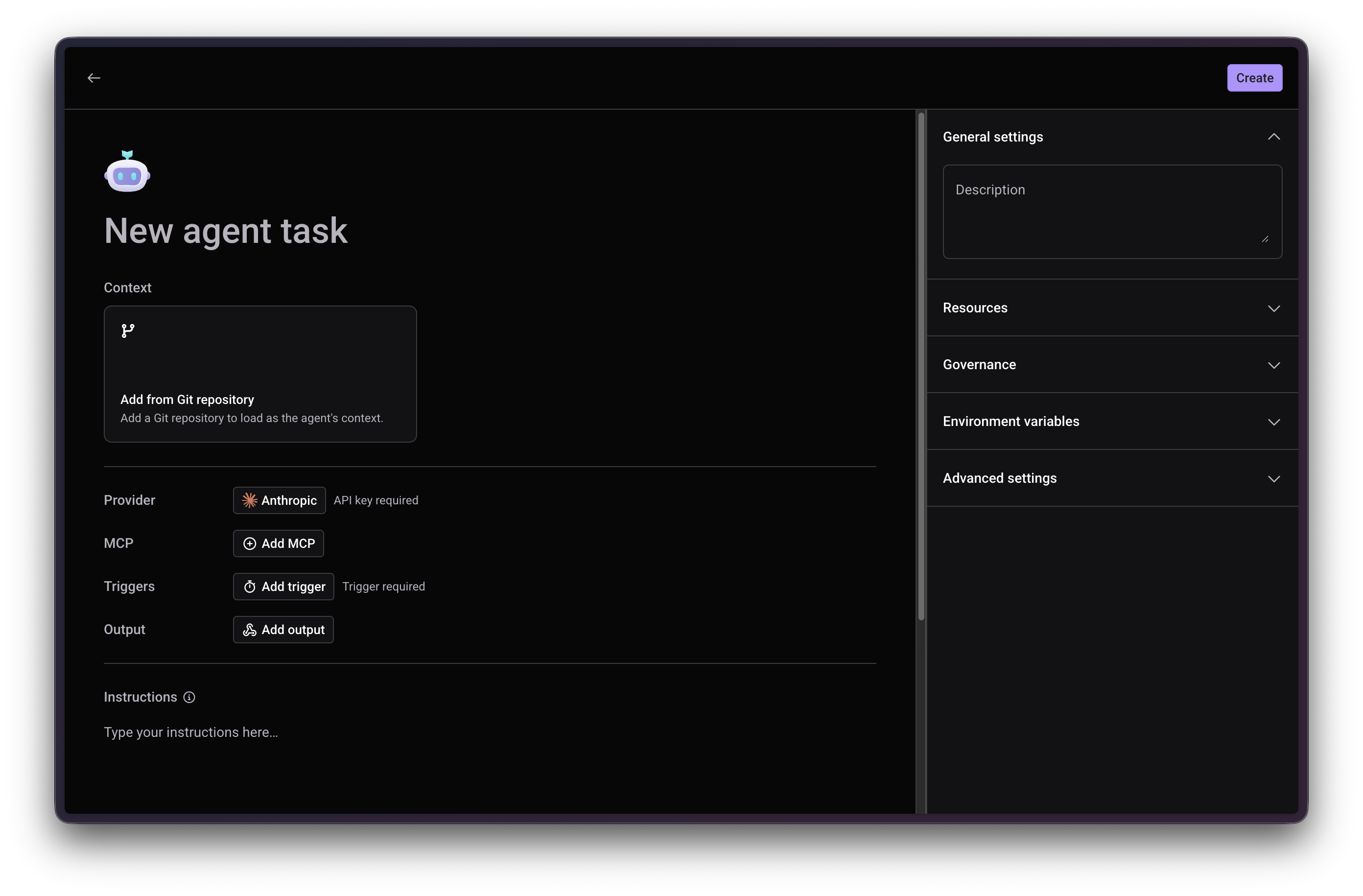 New agent task form with Context, Provider, MCP, Automations, and Instructions on the left, and Resources, Governance, Environment variables, and Advanced settings on the right