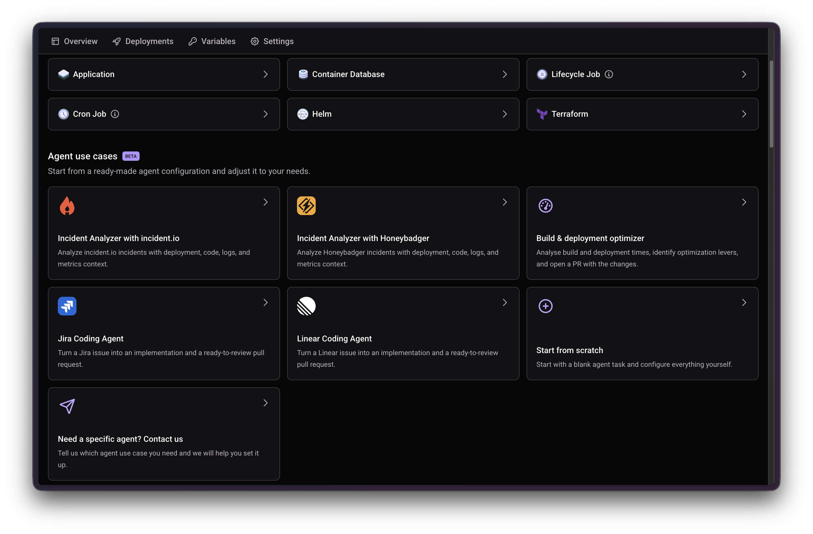 Create new service screen showing the Agent use cases section