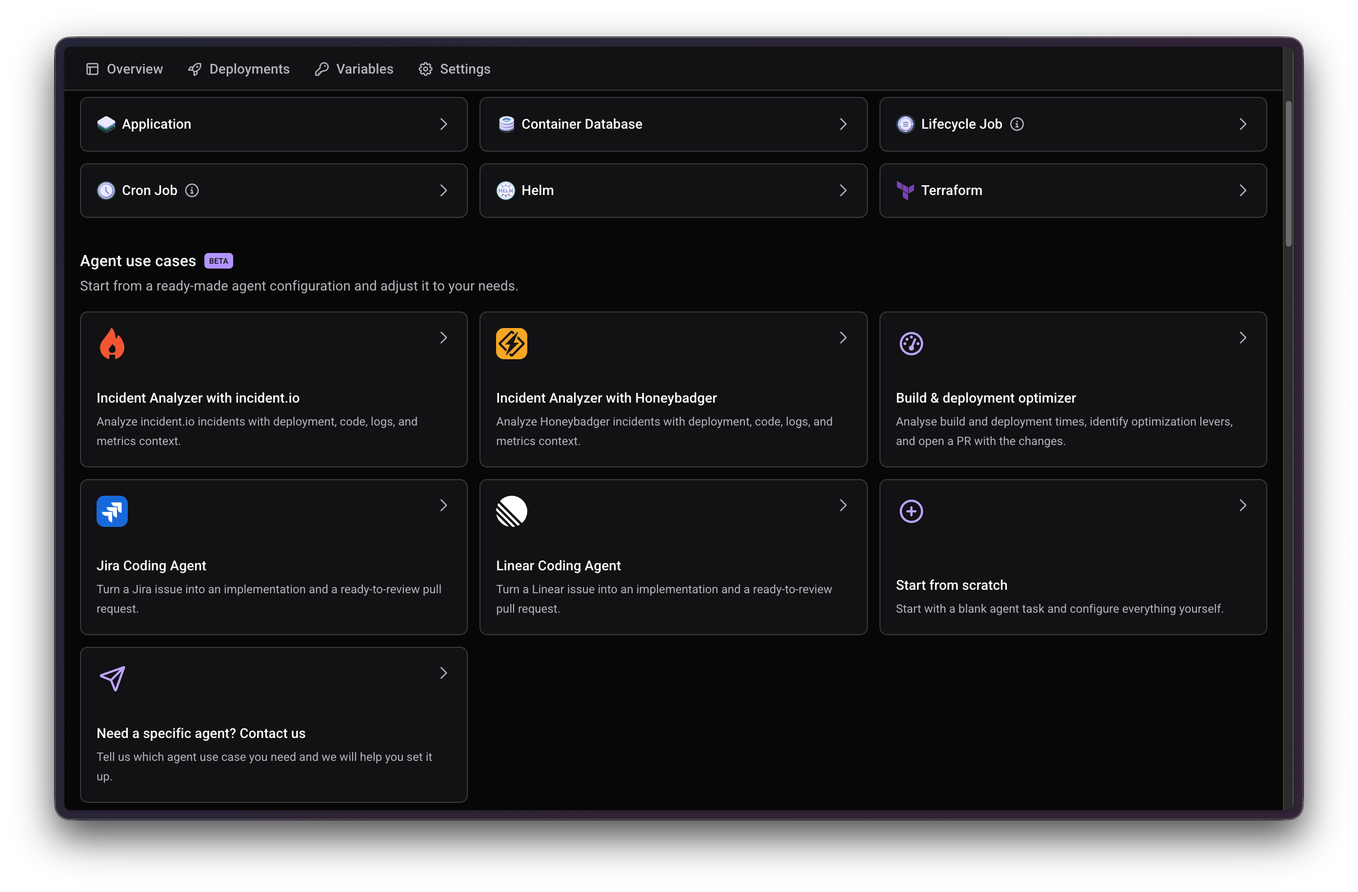 Create new service screen showing the Agent use cases section