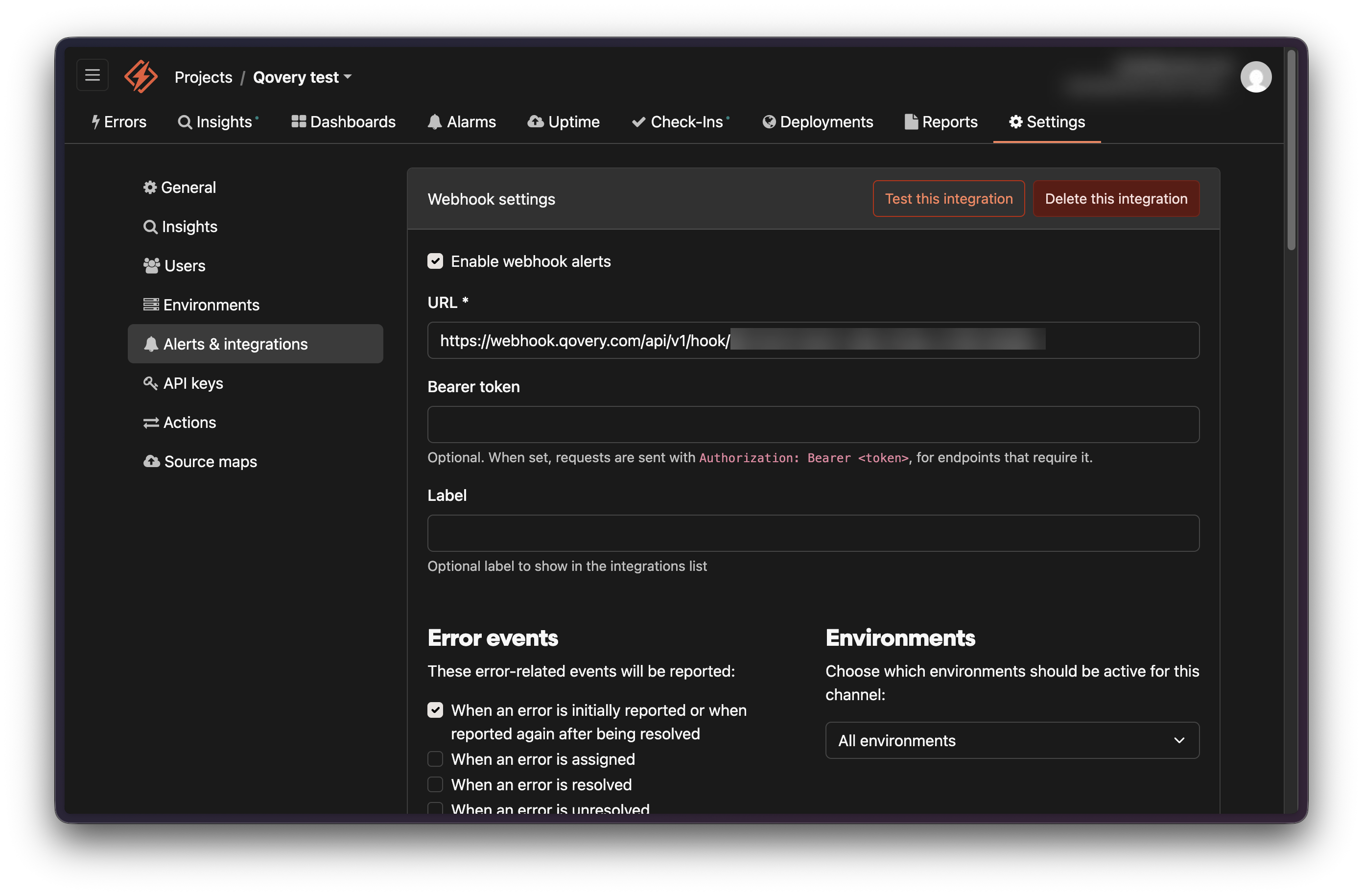 Honeybadger webhook integration settings with the webhook URL and the error event set to when an error is initially reported or reported again after being resolved