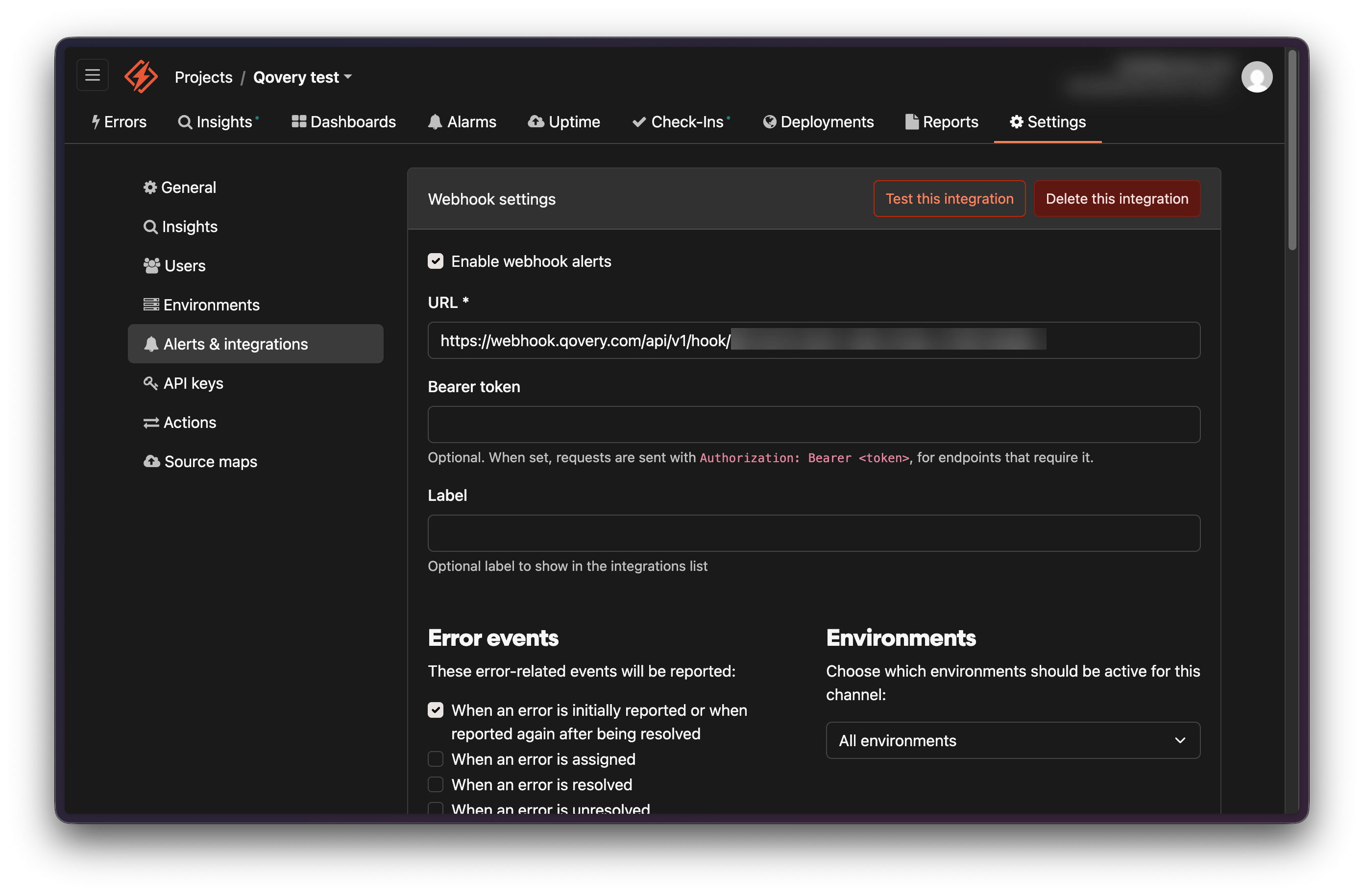 Honeybadger webhook integration settings with the webhook URL and the error event set to when an error is initially reported or reported again after being resolved