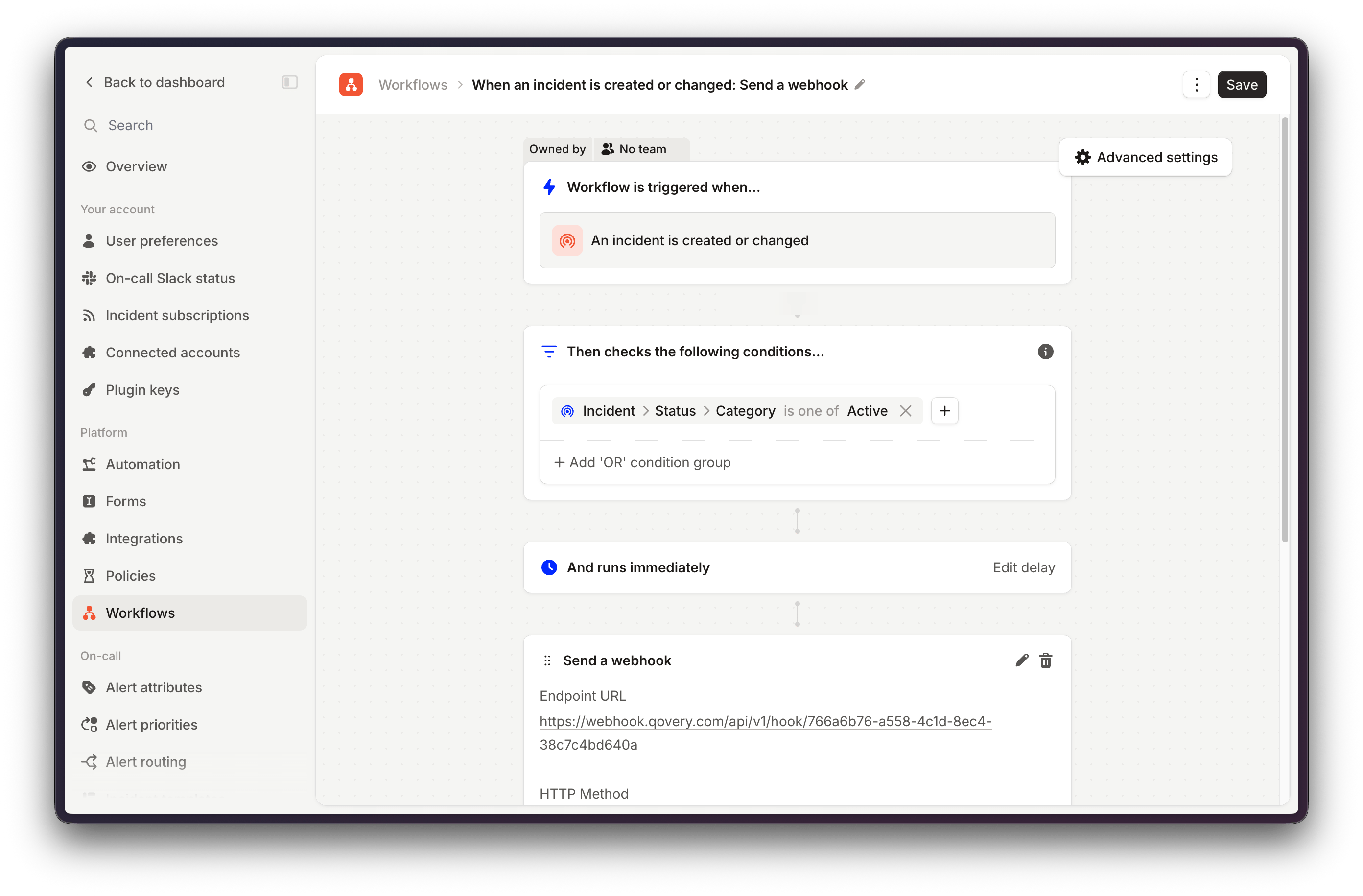 incident.io Workflow triggered when an incident is created or changed, filtered to active incidents, with a Send a webhook step