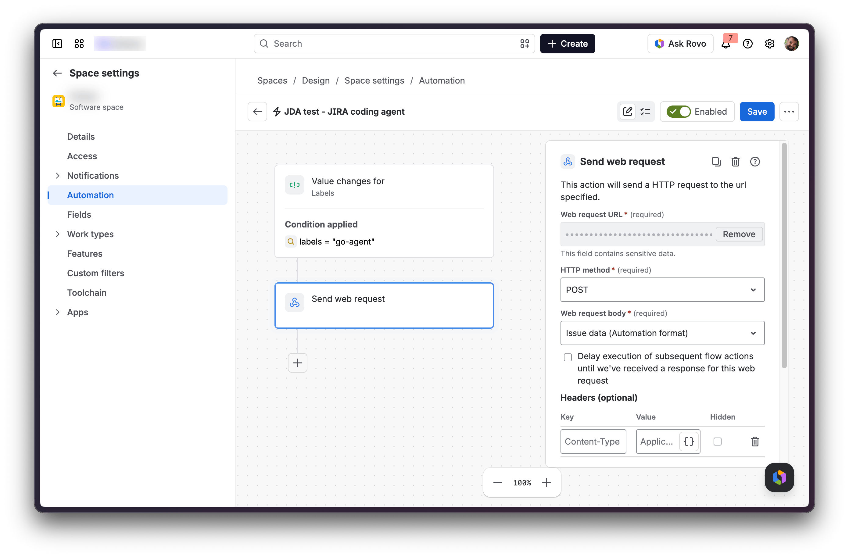 Jira automation flow with a Value changes for Labels trigger, a labels condition, and a Send web request action