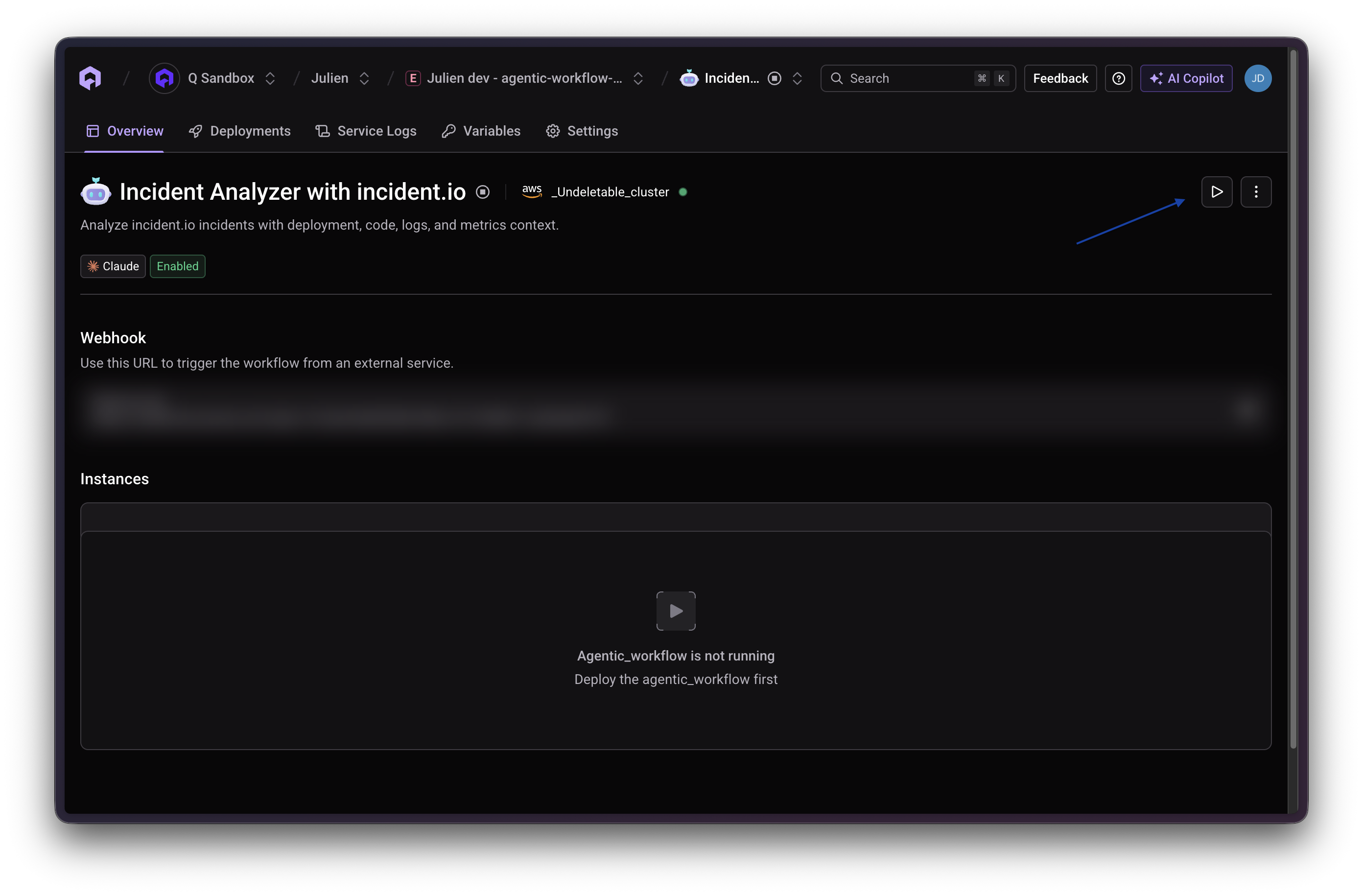 Agent task overview page with the Trigger play button highlighted in the top right