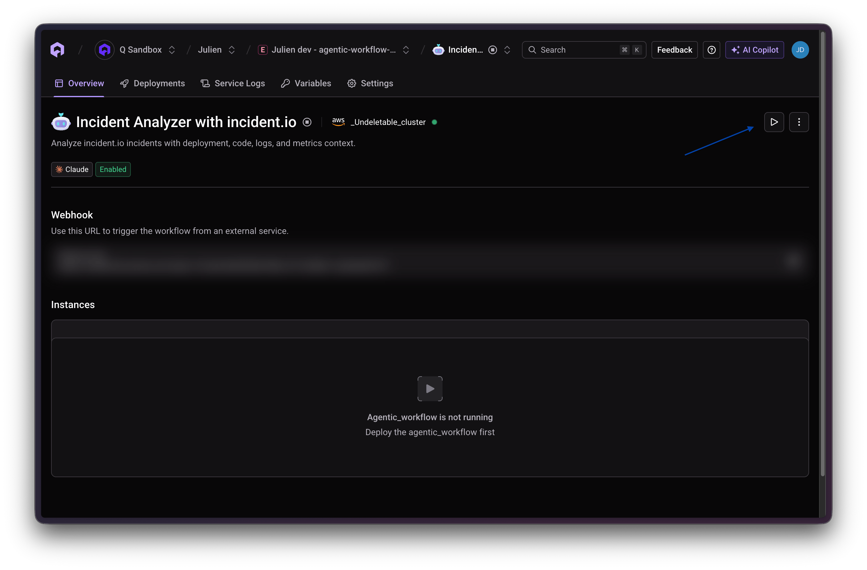 Agent task overview page with the Trigger play button highlighted in the top right