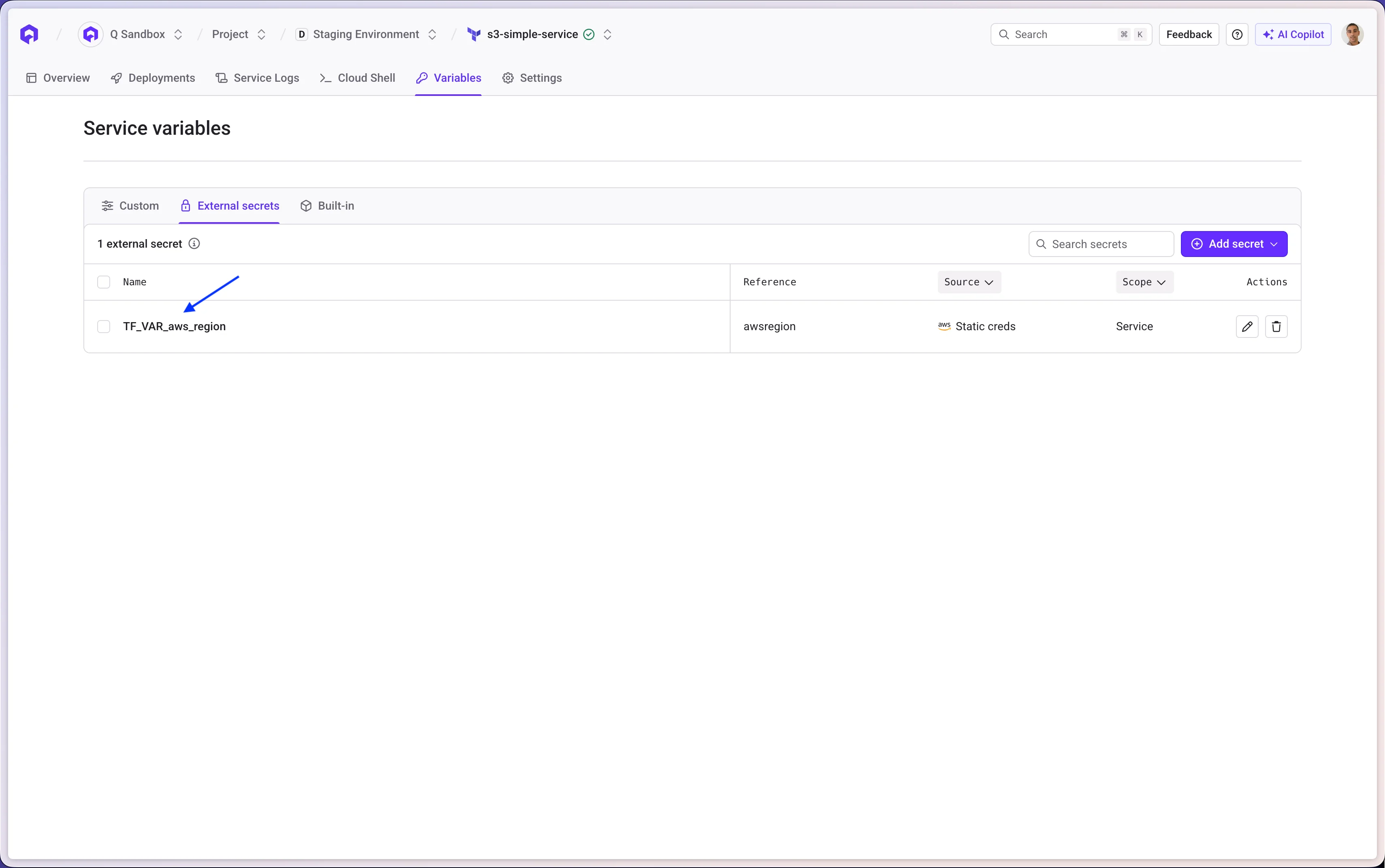 Terraform service external secret