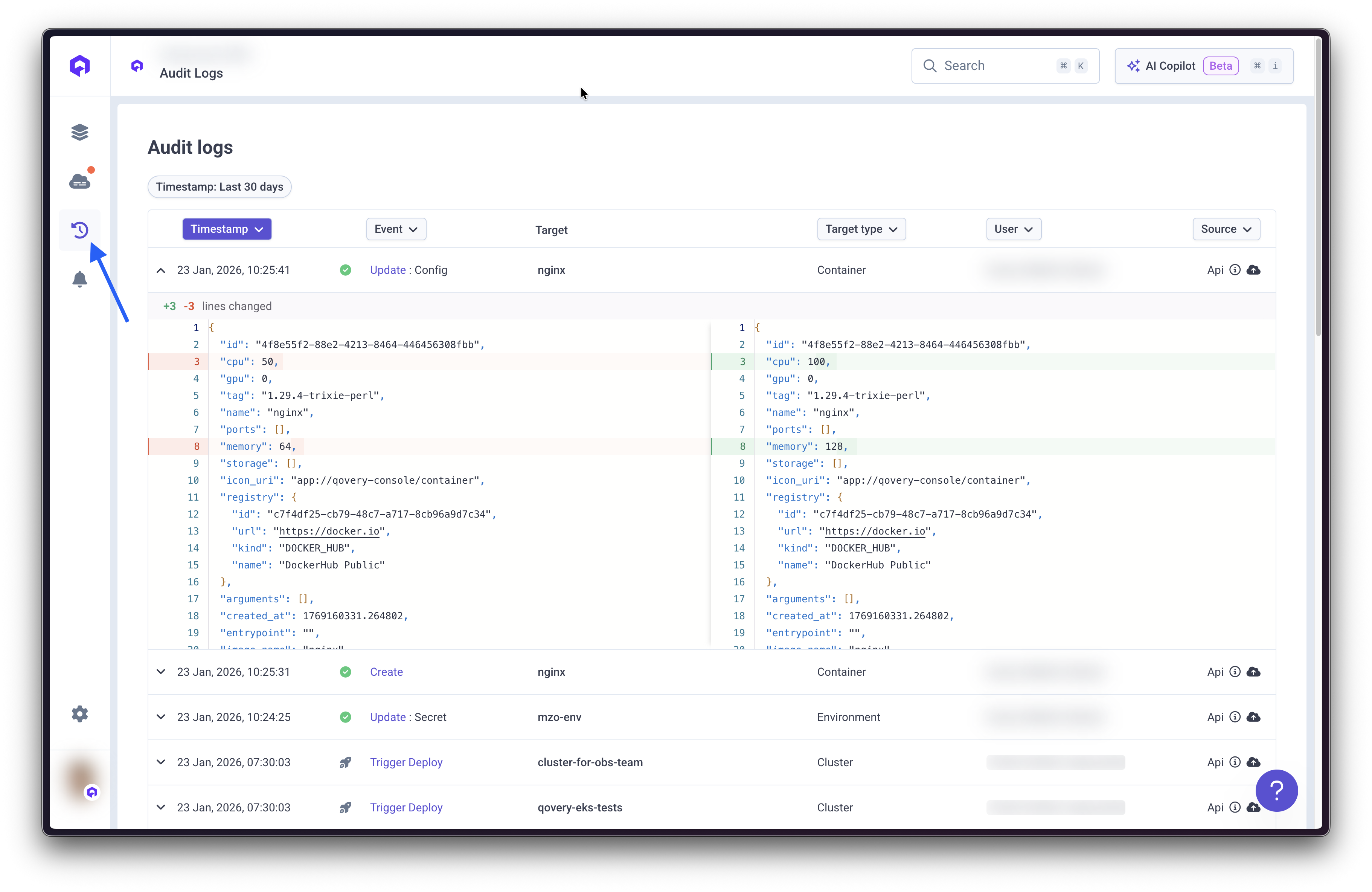 Access audit logs from left navigation