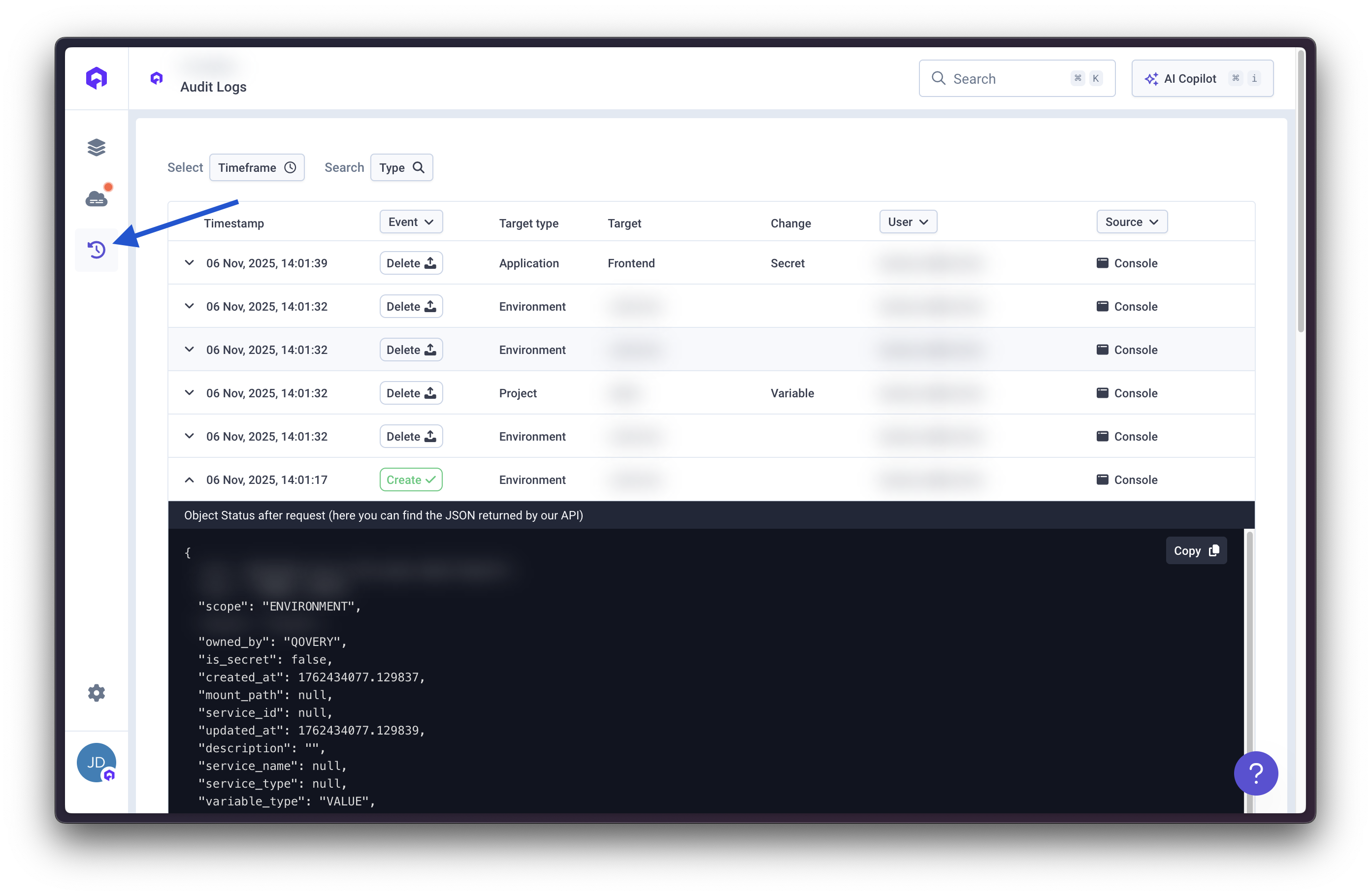 Access audit logs from left navigation
