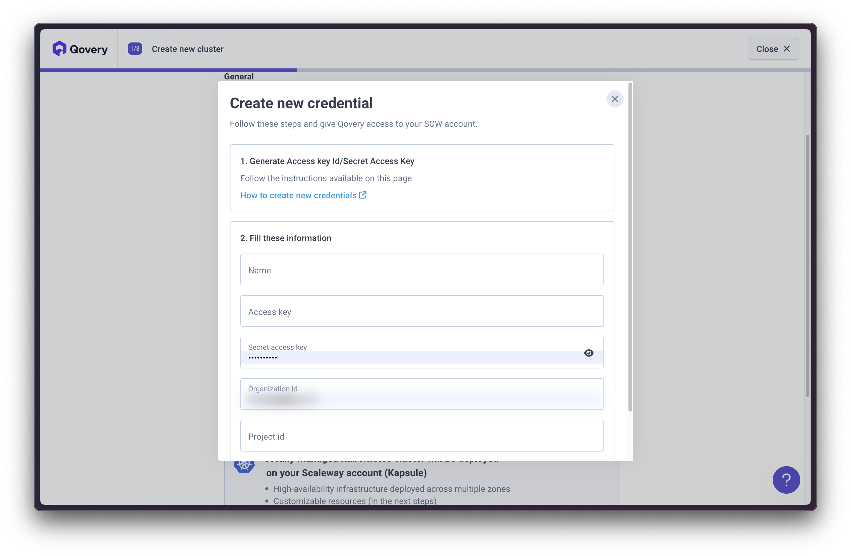 Enter Scaleway credentials in Qovery Console