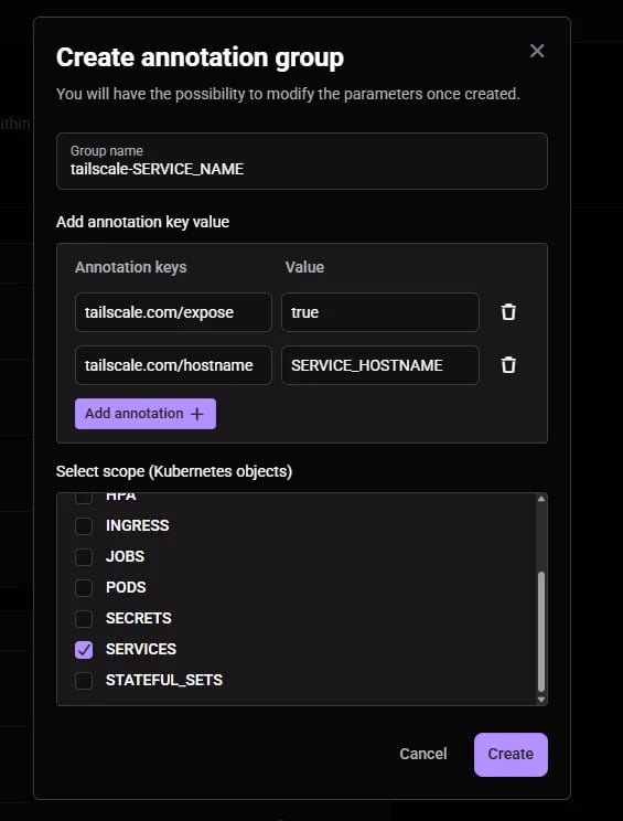 The Qovery Create annotation group dialog with the tailscale.com/expose and tailscale.com/hostname keys filled in and only the SERVICES scope checked