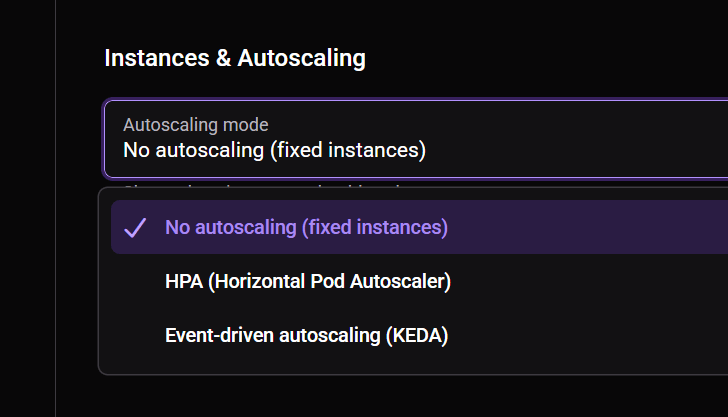 Autoscaling mode dropdown in application resources