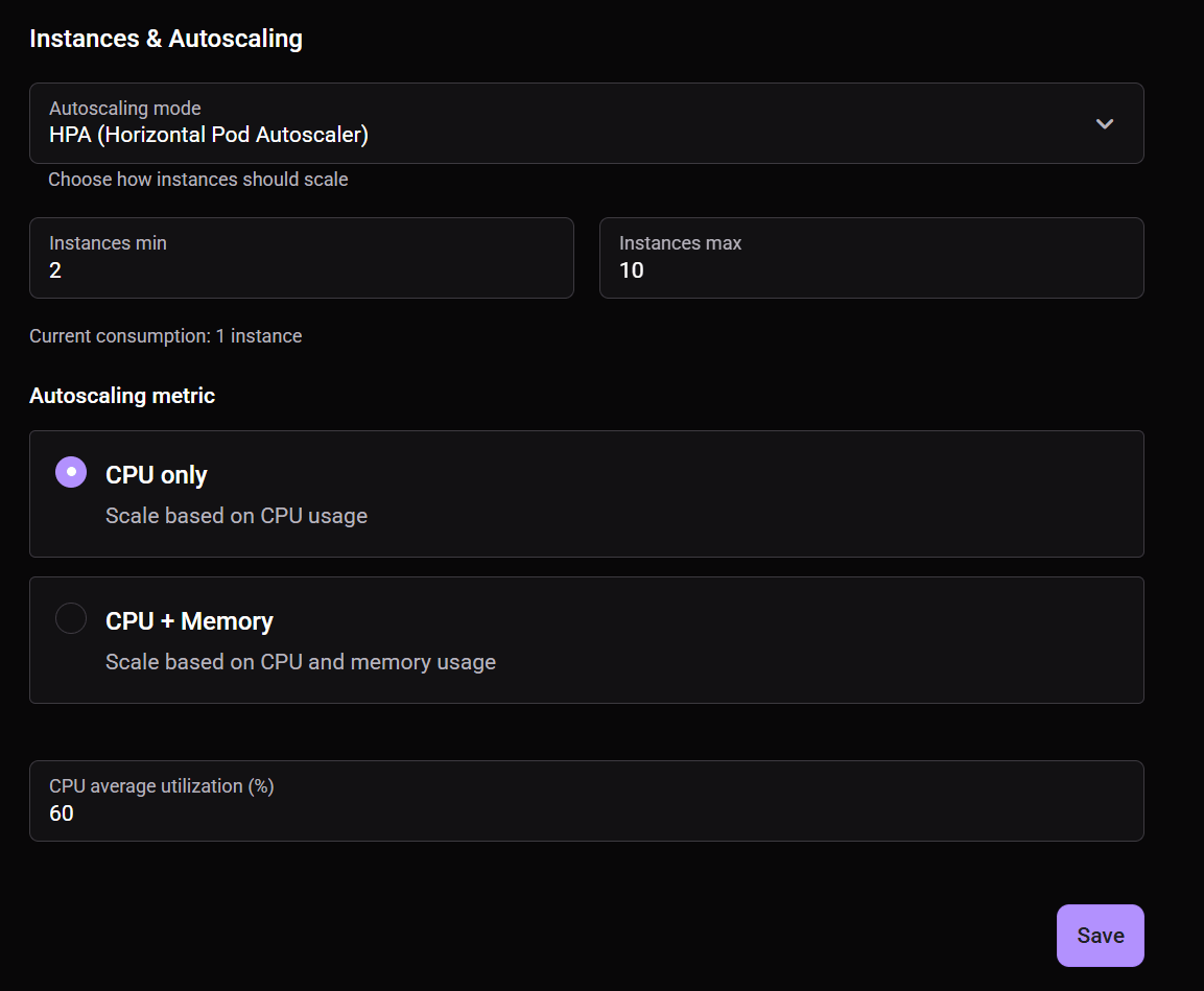 HPA settings with min and max instances, autoscaling metric and CPU threshold