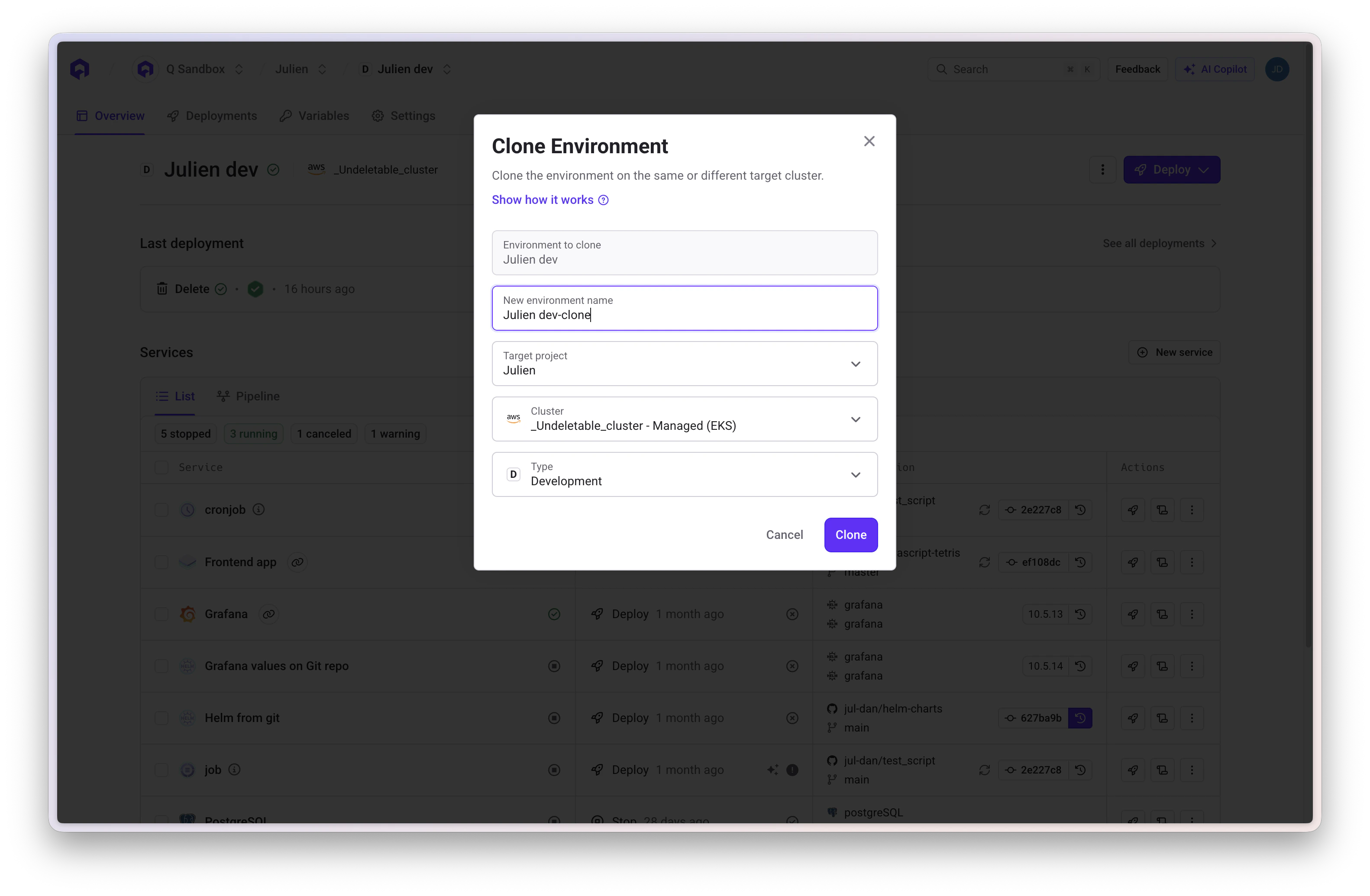 Clone Environment Modal