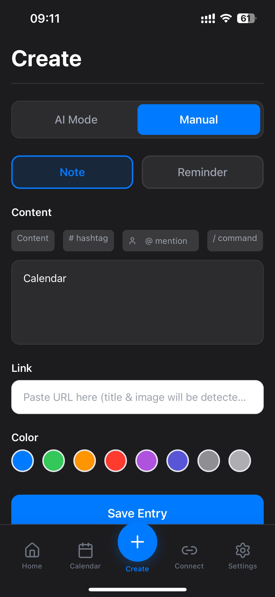 Create a note with 'calendar' key in NoteMe app