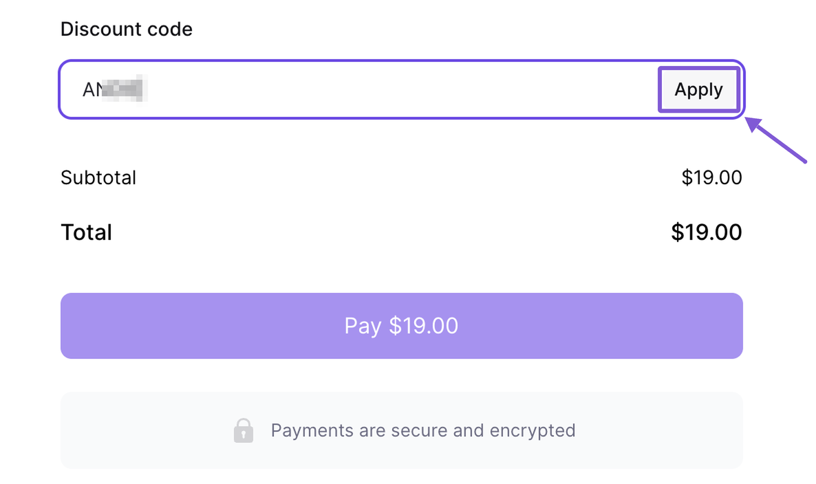 Checkout page with the student code entered in the Discount code field and the Apply button highlighted