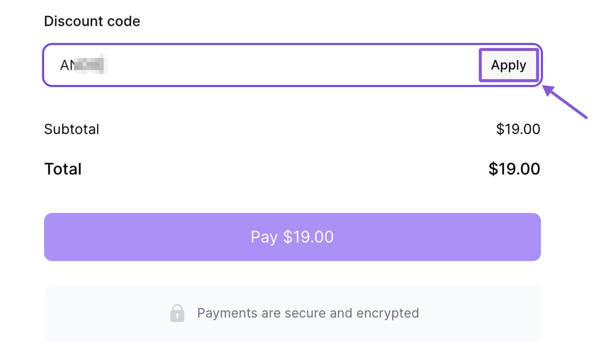 Checkout page with the student code entered in the Discount code field and the Apply button highlighted