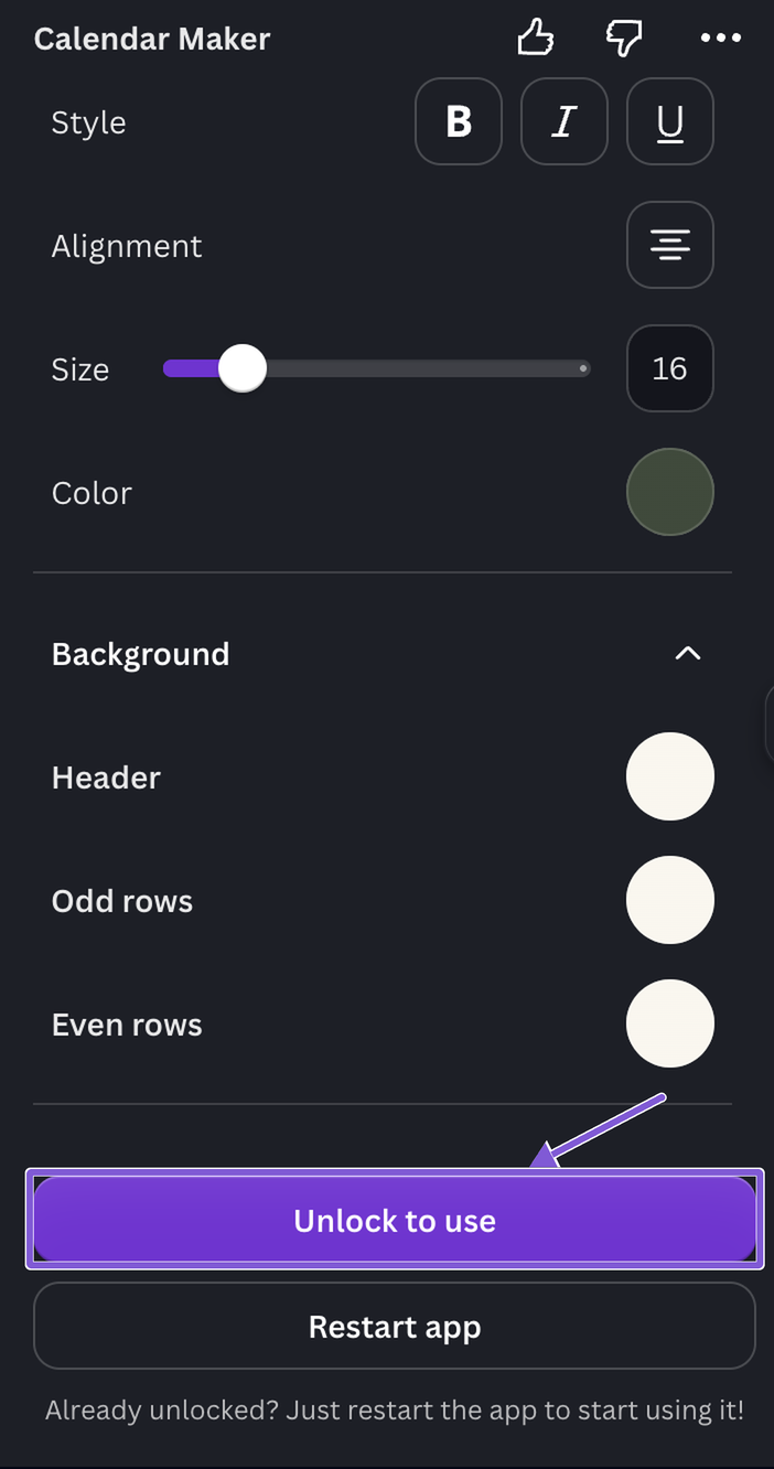 Calendar Maker app panel in Canva with the Unlock to use button highlighted