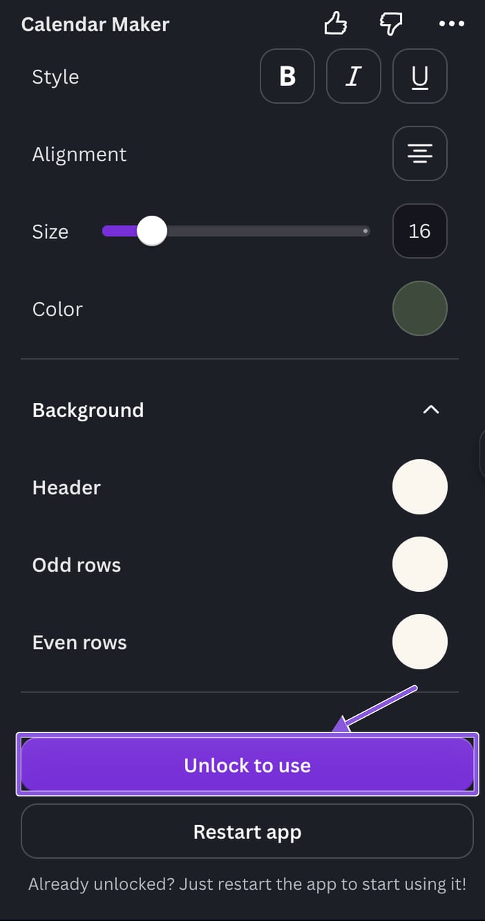 Calendar Maker app panel in Canva with the Unlock to use button highlighted