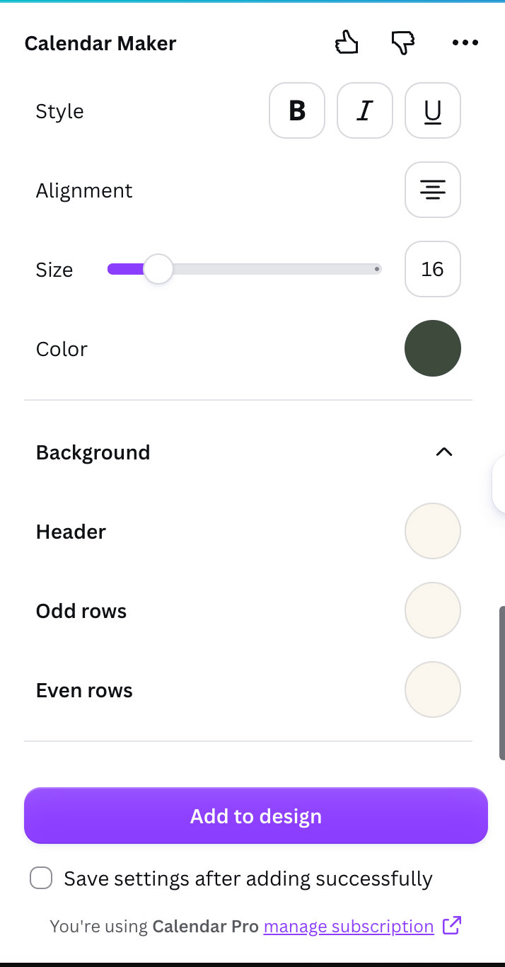 Background color options for header, odd rows, and even rows