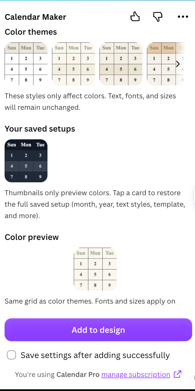 Color themes carousel, Your saved setups, and Color preview
