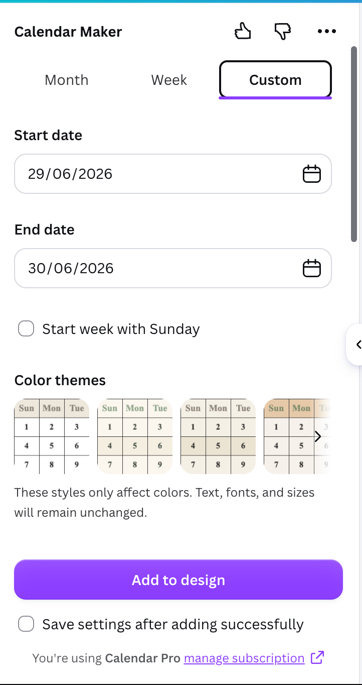 Calendar Maker Custom tab with start date and end date fields
