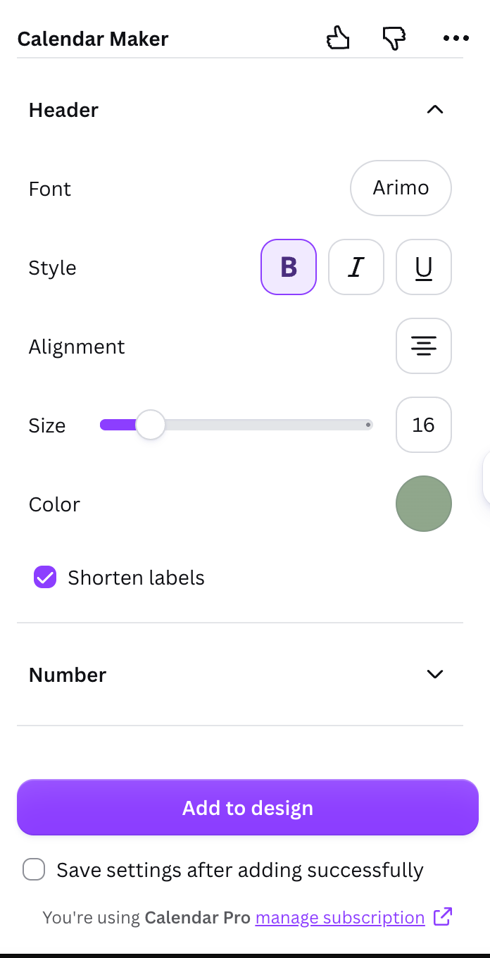 Header styling options: font, bold/italic/underline, alignment, size, color, shorten labels