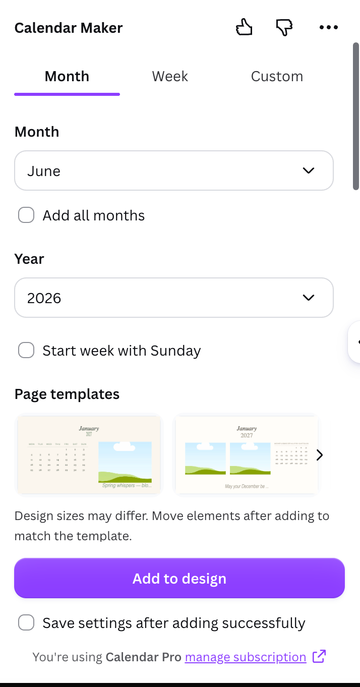 Calendar Maker Month tab showing month and year dropdowns, page templates, and Add to design