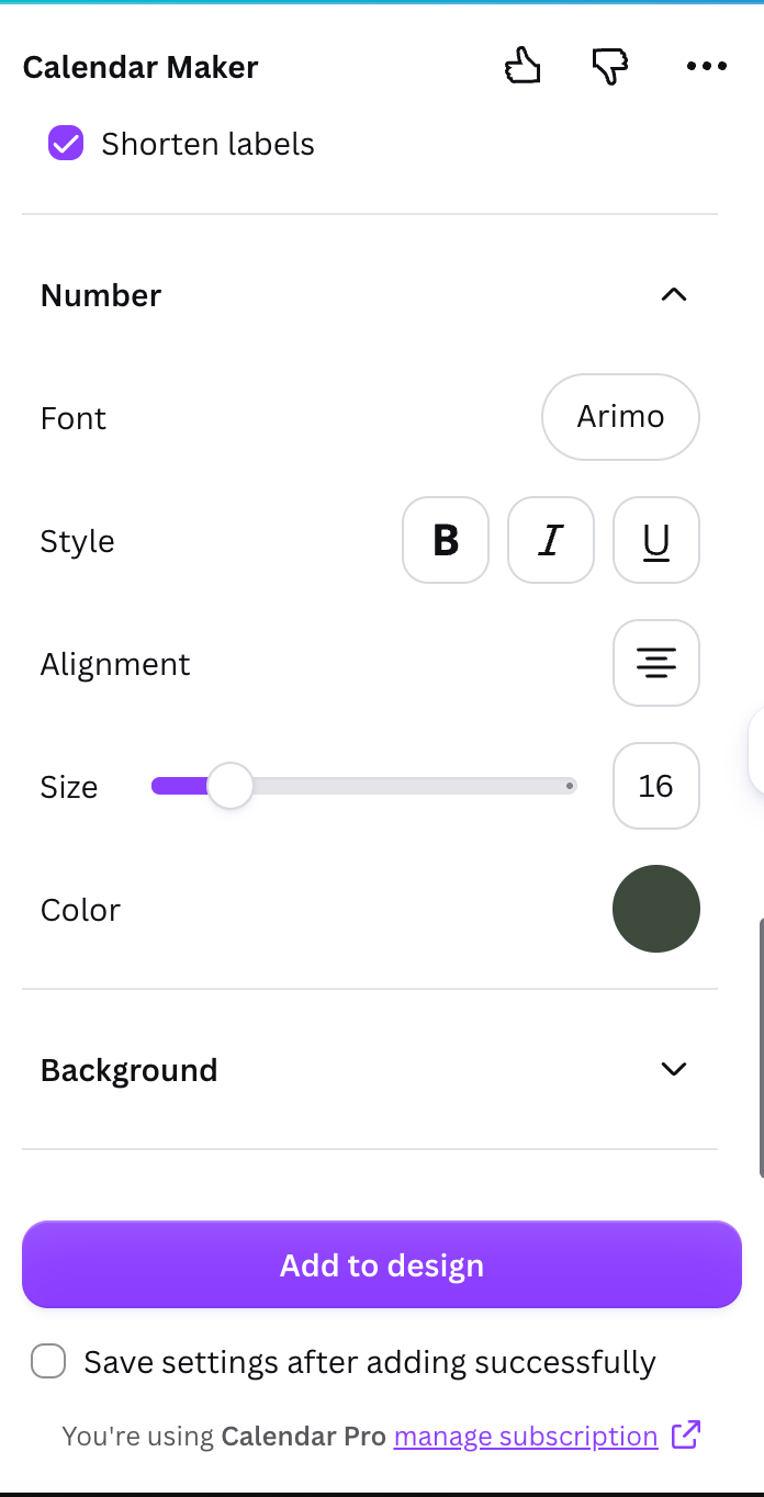 Number styling options: font, style, alignment, size, color