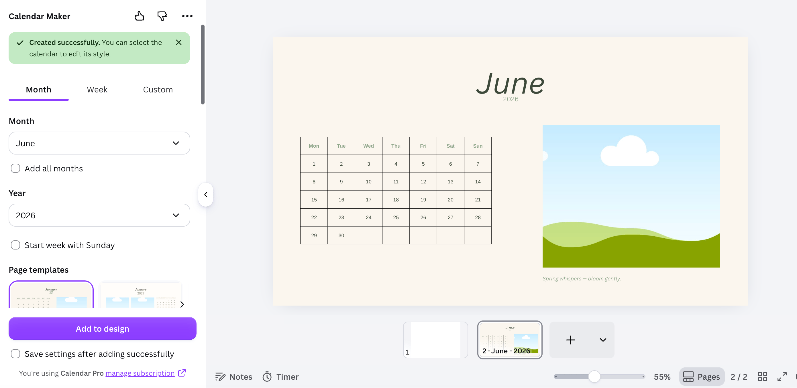 A June 2026 calendar created with a botanical page template on the Canva canvas