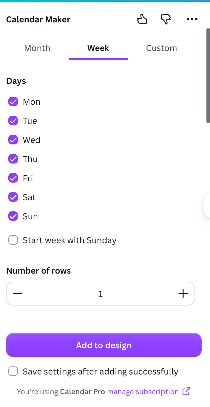 Calendar Maker Week tab with weekday checkboxes and number of rows