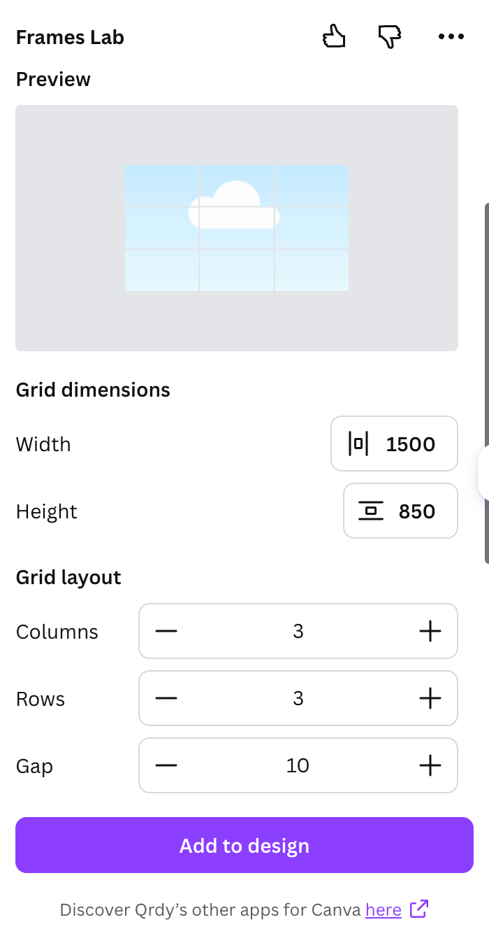 Frames Lab Grid mode showing grid dimensions and layout controls