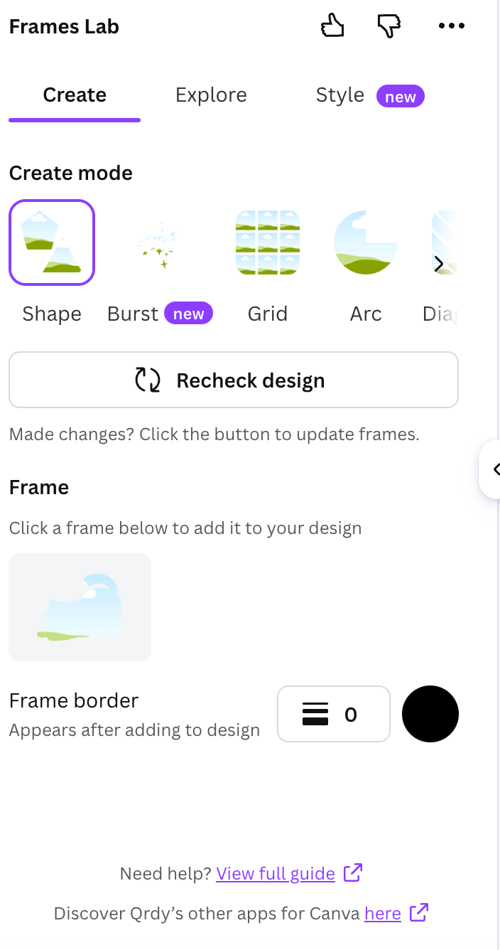 Frames Lab Create tab in Canva showing the five create modes