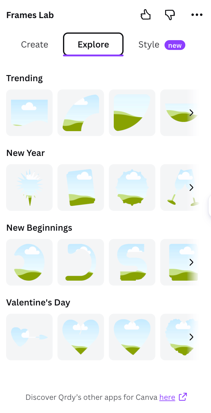 Explore tab in Frames Lab with themed frame collections