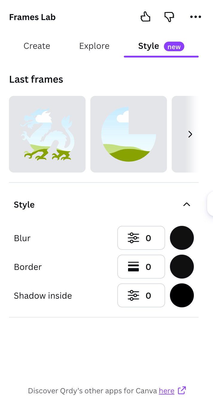 Style tab in Frames Lab with blur, border, and inner shadow controls